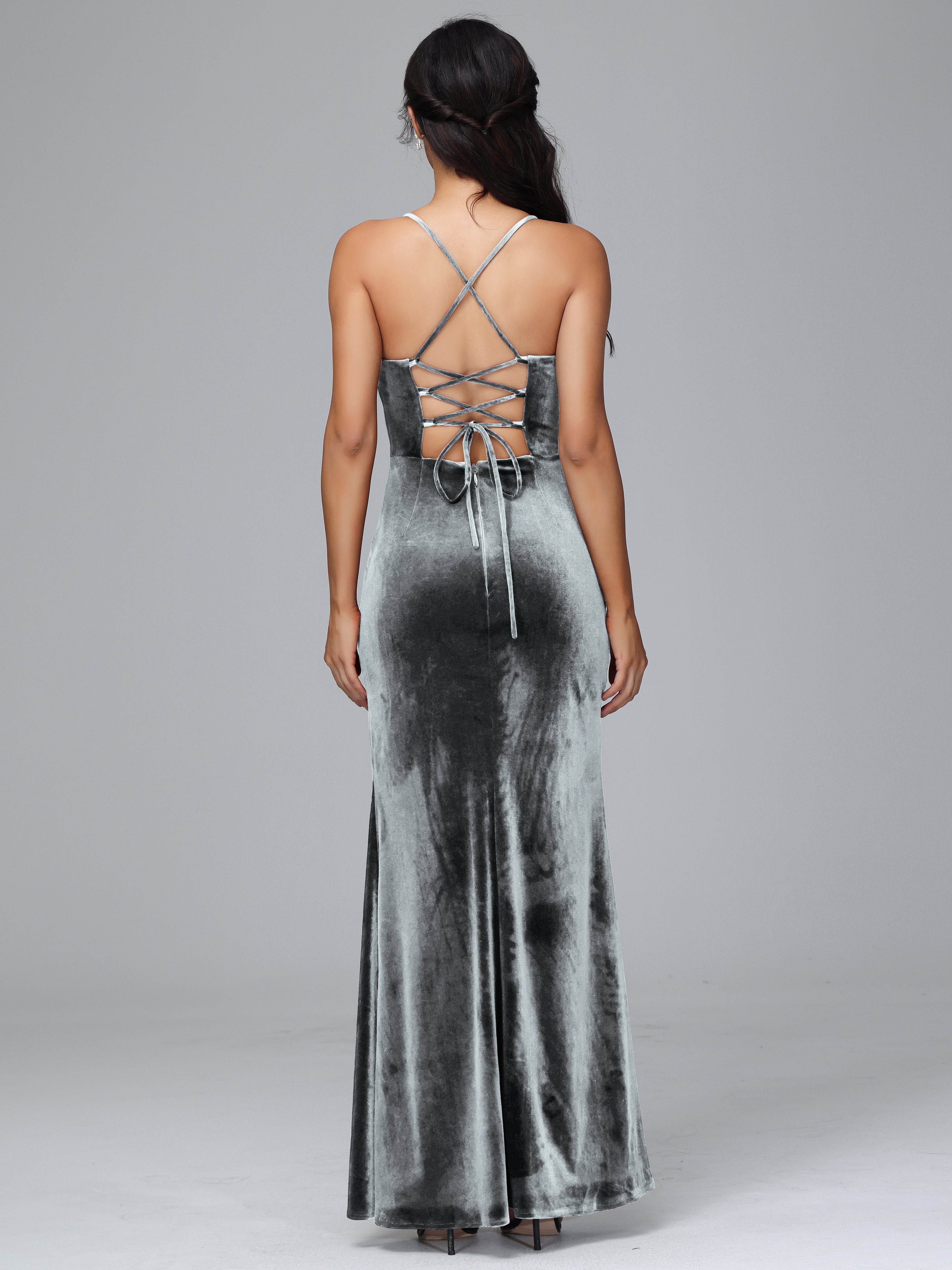 Spaghetti Straps Lace Up Velvet Bridesmaid Dress With Slit