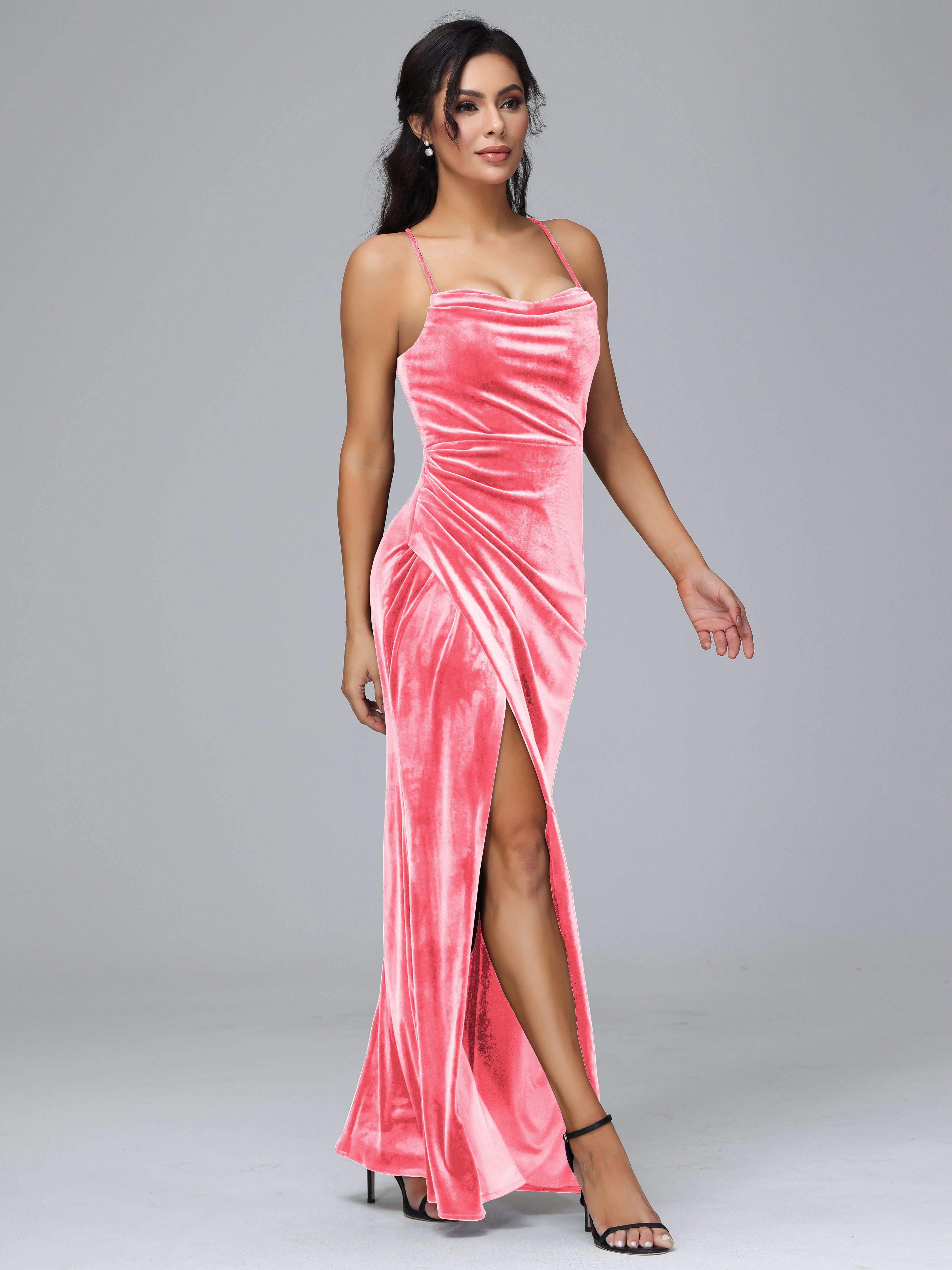 Spaghetti Straps Lace Up Plus Size Velvet Bridesmaid Dress With Slit