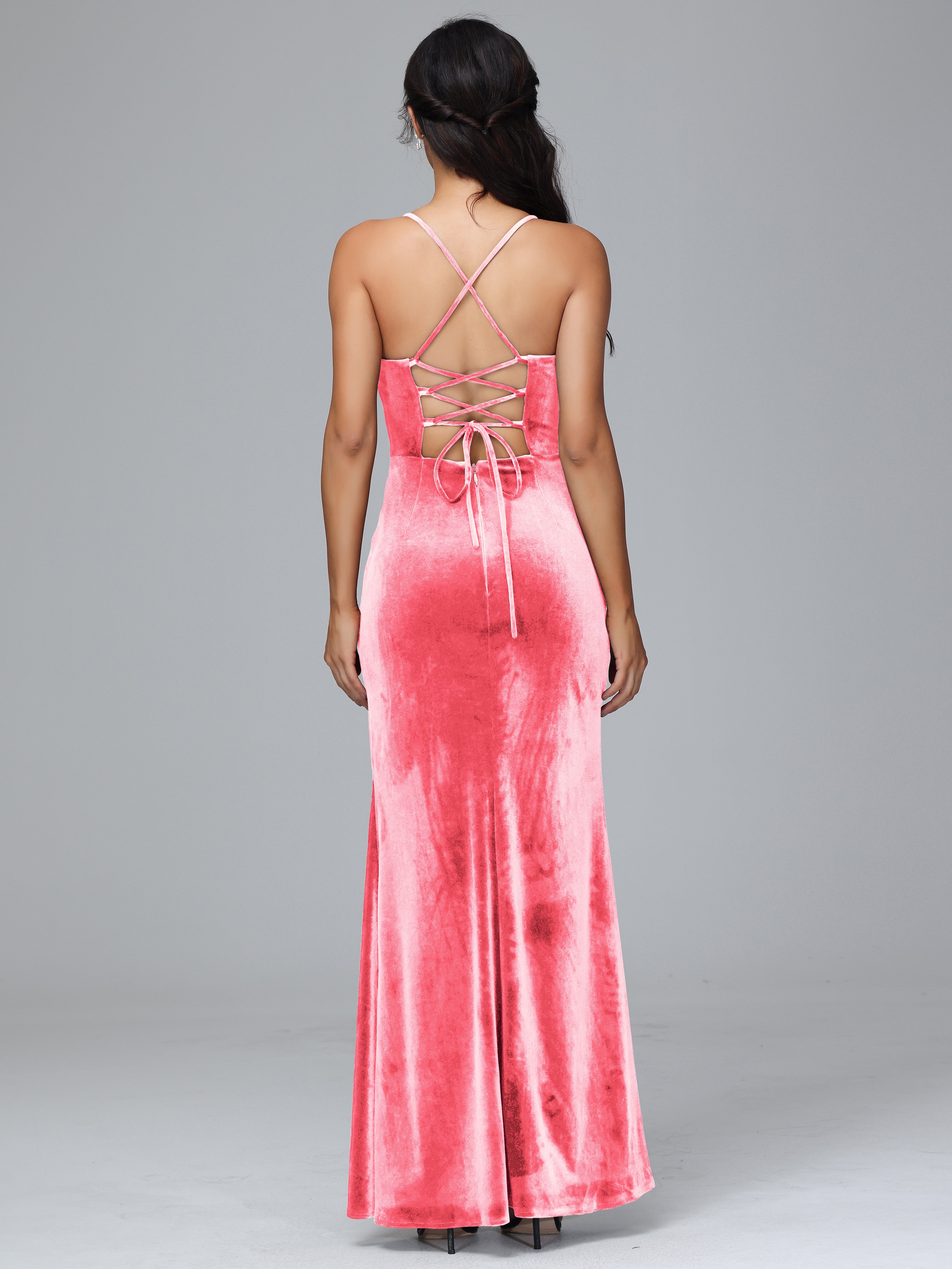 Spaghetti Straps Lace Up Plus Size Velvet Bridesmaid Dress With Slit