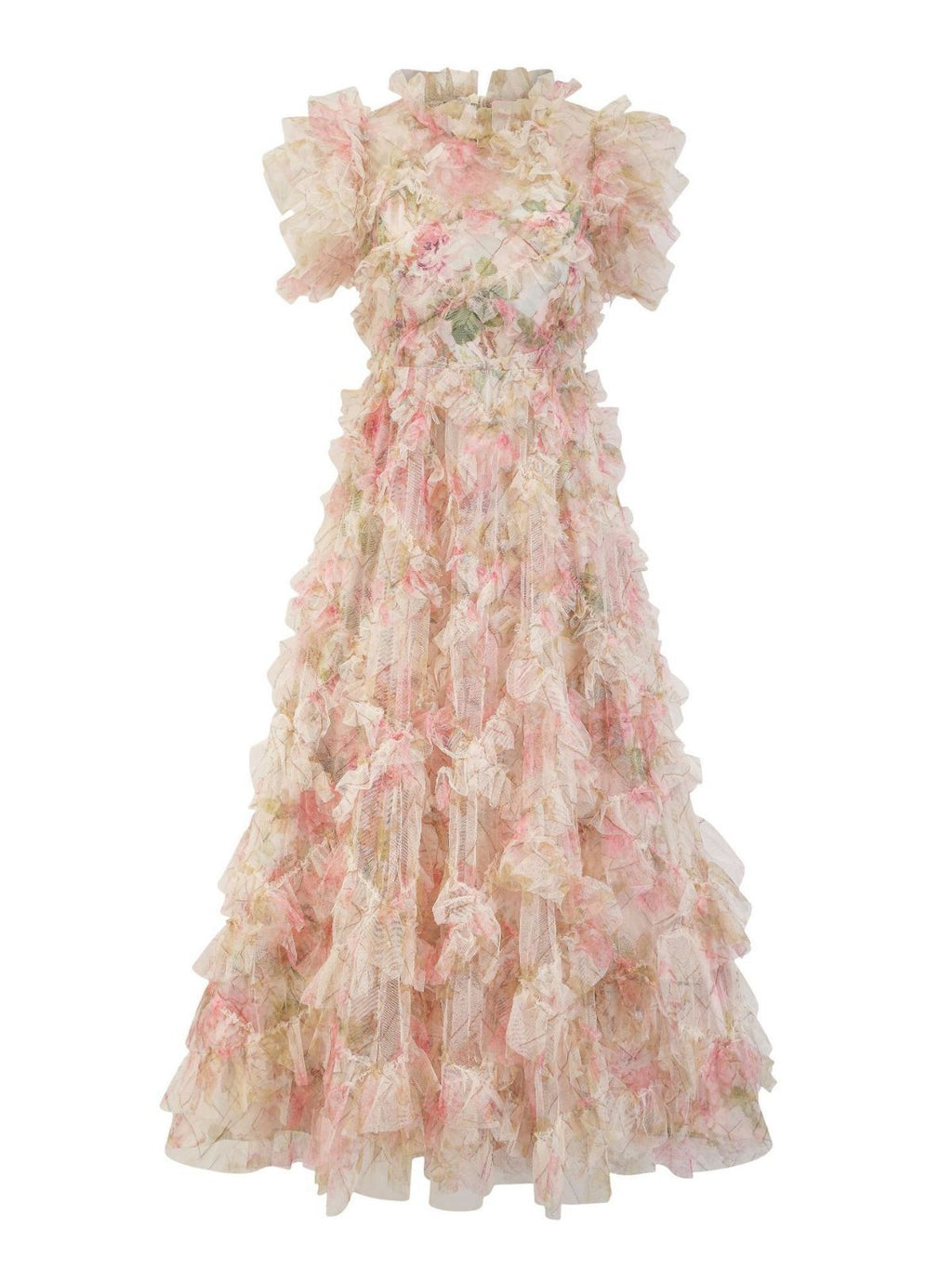 Sweet Floral Print Short Puffy Sleeve Ruffle Tulle Bridesmaid Dresses