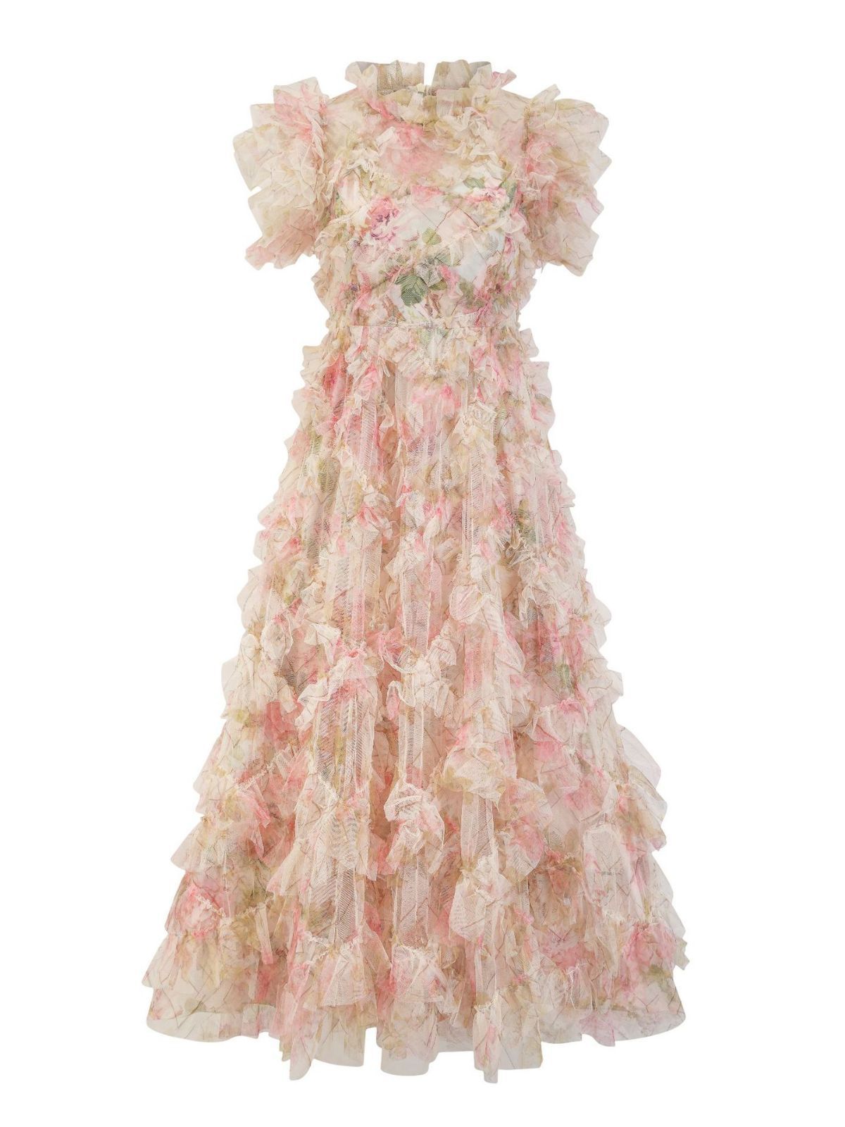 Sweet Floral Print Short Puffy Sleeve Ruffle Tulle Bridesmaid Dresses