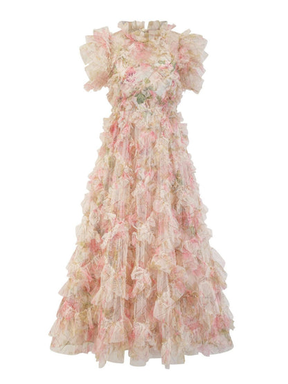 Sweet Floral Print Short Puffy Sleeve Ruffle Tulle Bridesmaid Dresses