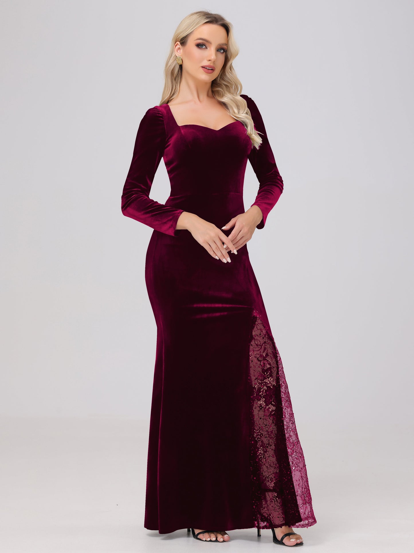 Elegant Sweetheart Long Sleeves Patchwork Sequin Lace Velvet Bridesmaid Dresses