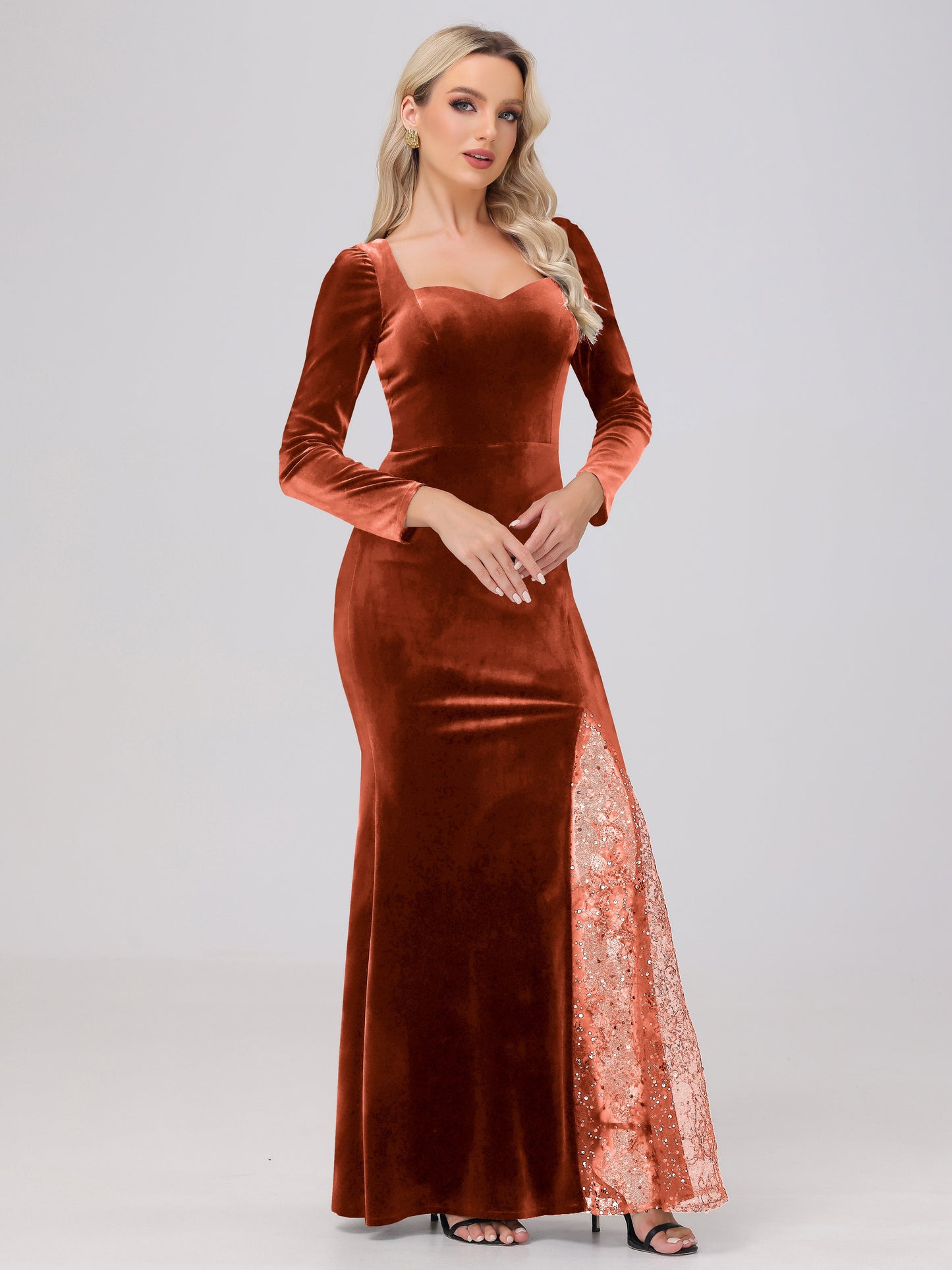 Elegant Sweetheart Long Sleeves Patchwork Sequin Lace Velvet Bridesmaid Dresses
