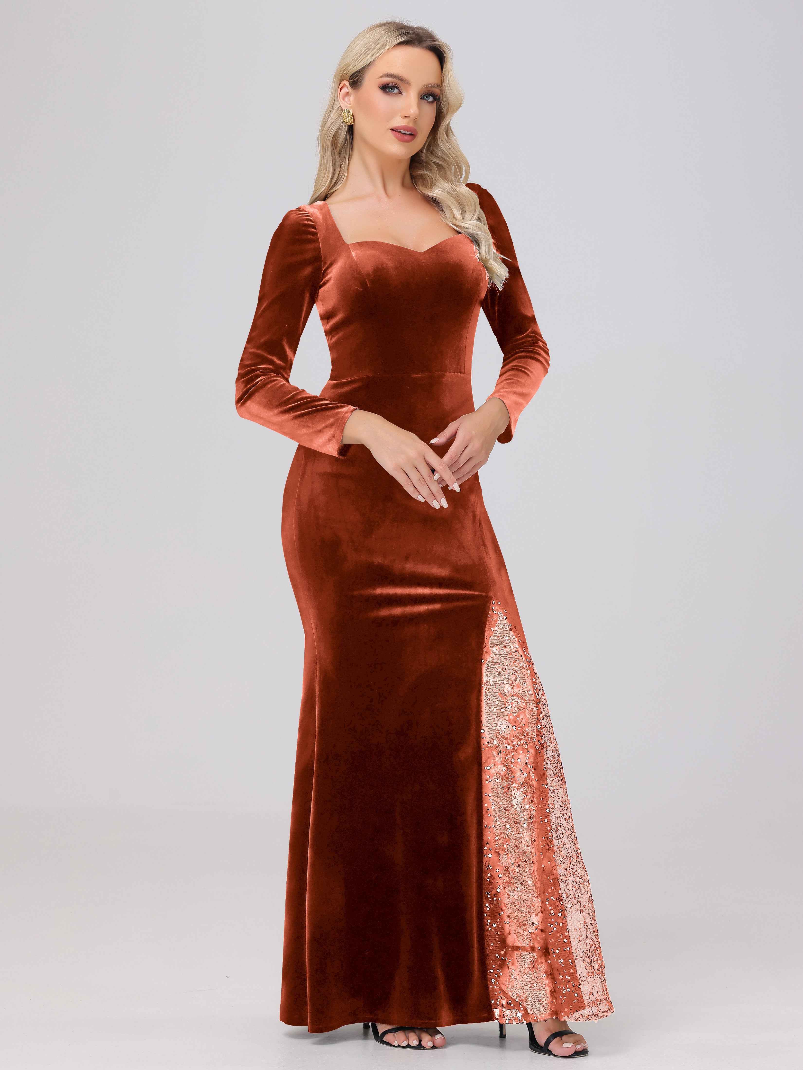 Elegant Sweetheart Long Sleeves Patchwork Sequin Lace Velvet Bridesmaid Dresses