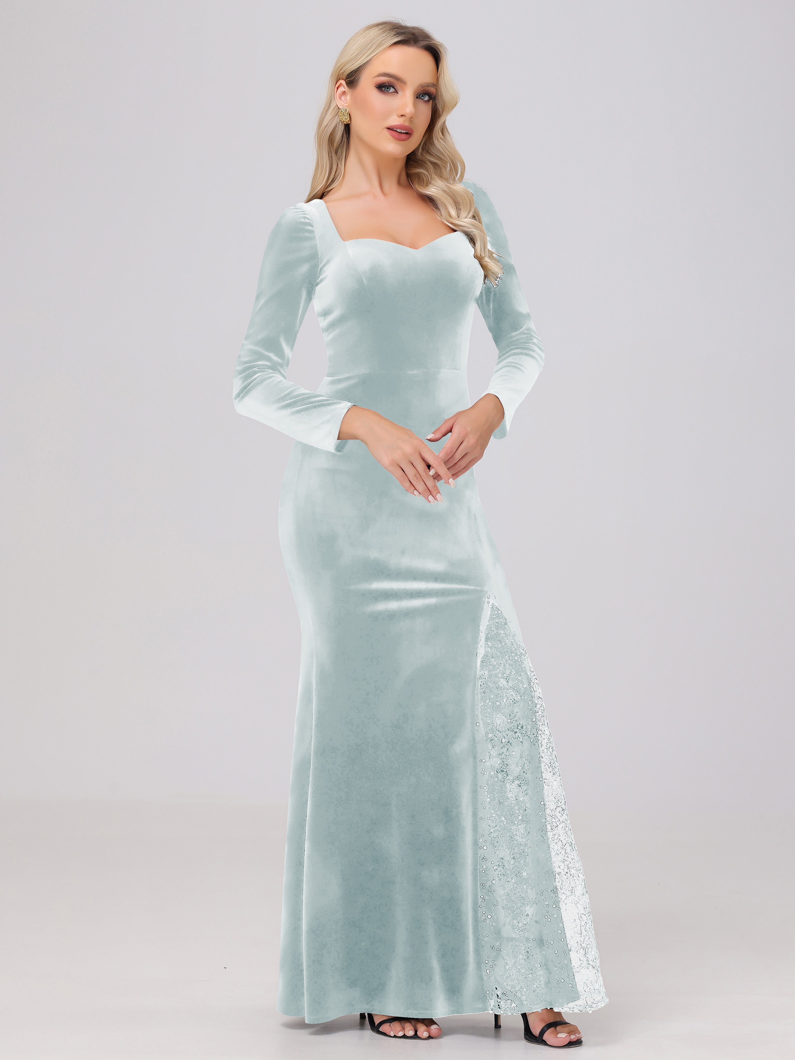 Elegant Sweetheart Long Sleeves Patchwork Sequin Lace Velvet Bridesmaid Dresses