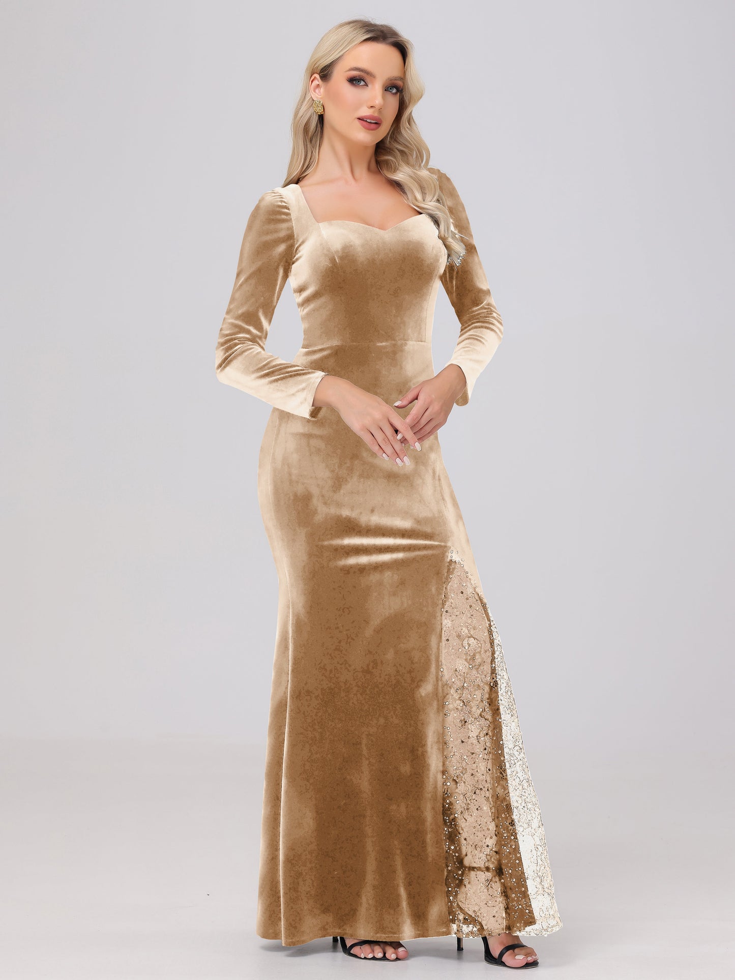 Elegant Sweetheart Long Sleeves Patchwork Sequin Lace Velvet Bridesmaid Dresses