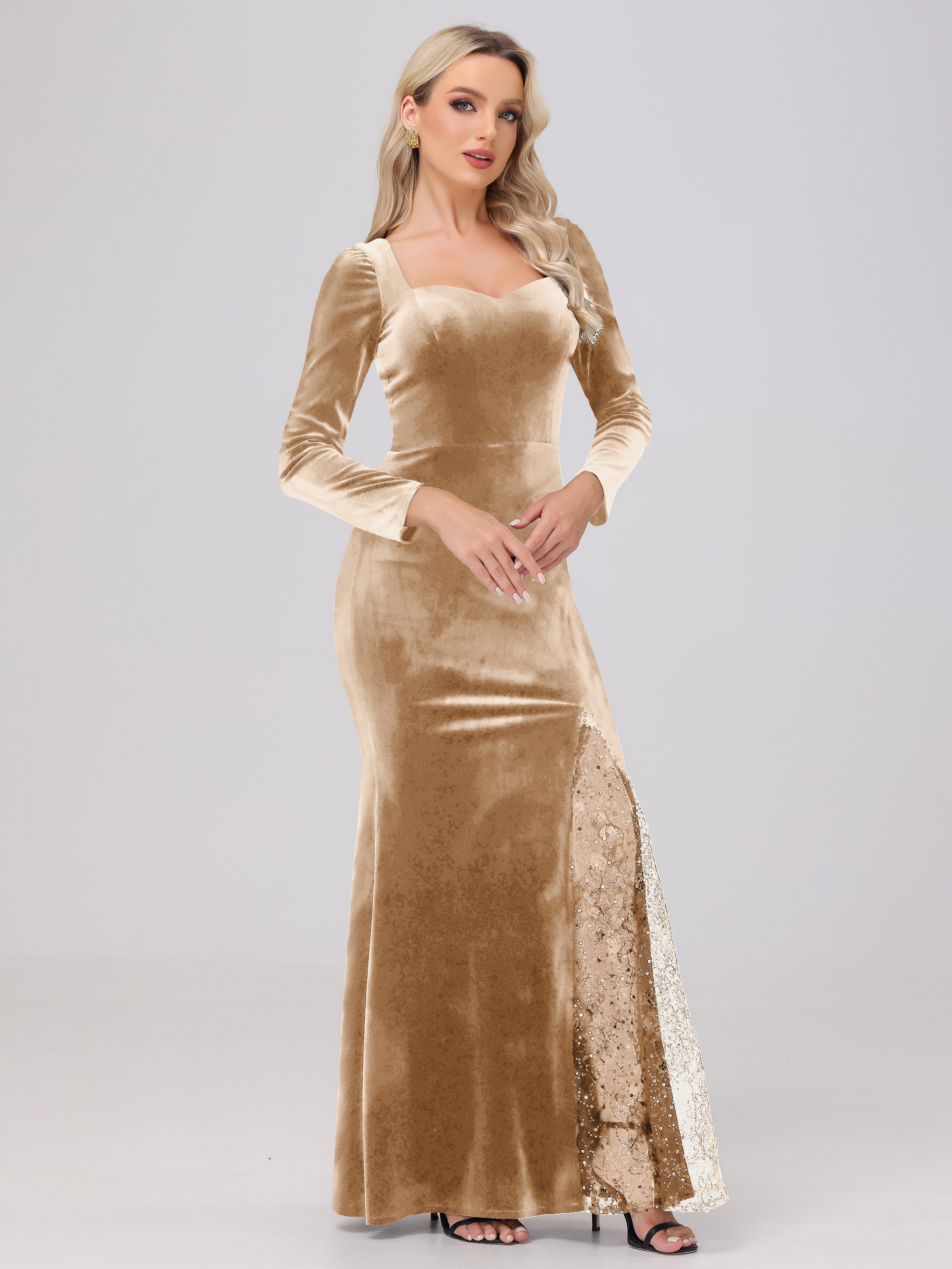 Elegant Sweetheart Long Sleeves Patchwork Sequin Lace Velvet Bridesmaid Dresses