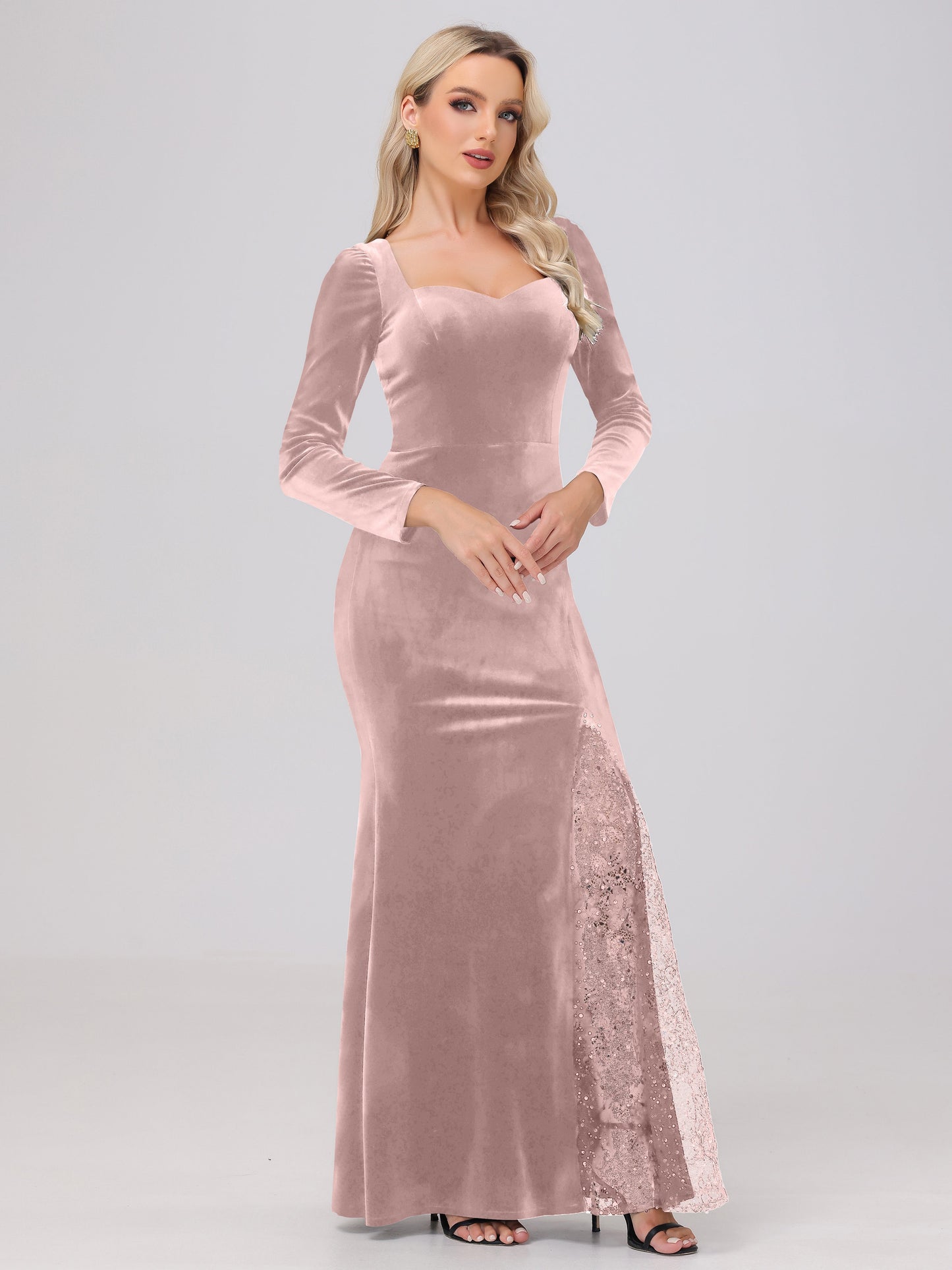 Elegant Sweetheart Long Sleeves Patchwork Sequin Lace Velvet Bridesmaid Dresses