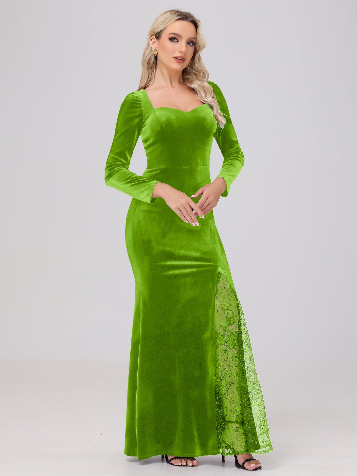 Elegant Sweetheart Long Sleeves Patchwork Sequin Lace Velvet Bridesmaid Dresses