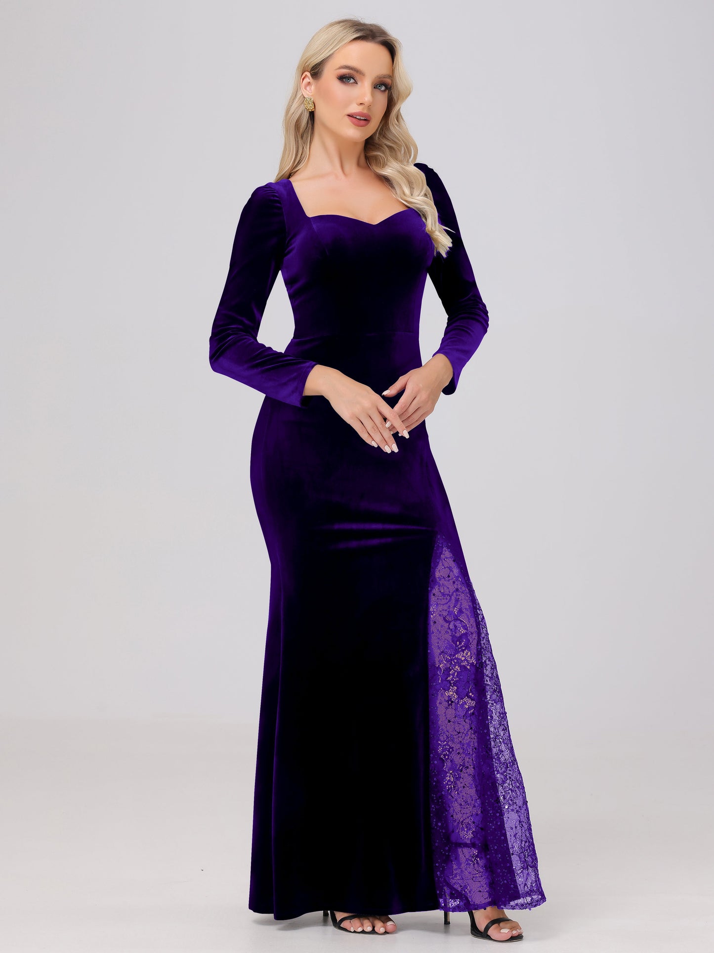 Elegant Sweetheart Long Sleeves Patchwork Sequin Lace Velvet Bridesmaid Dresses
