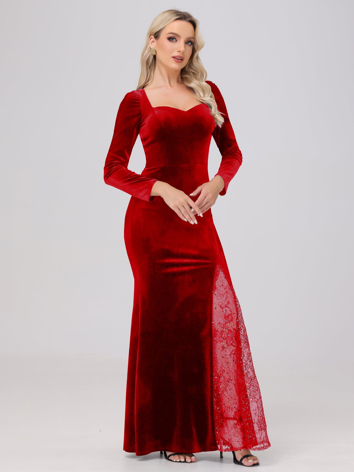 Elegant Sweetheart Long Sleeves Patchwork Sequin Lace Velvet Bridesmaid Dresses