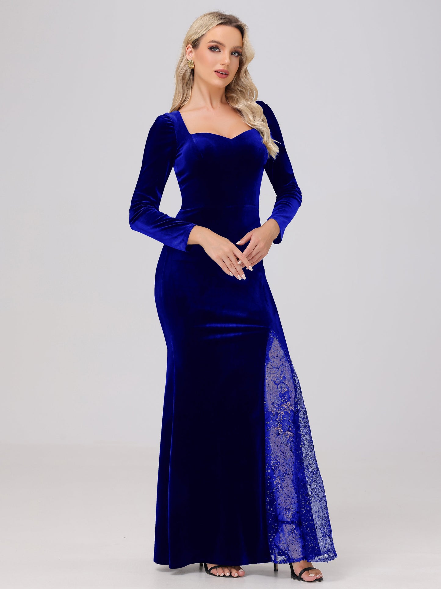 Elegant Sweetheart Long Sleeves Patchwork Sequin Lace Velvet Bridesmaid Dresses