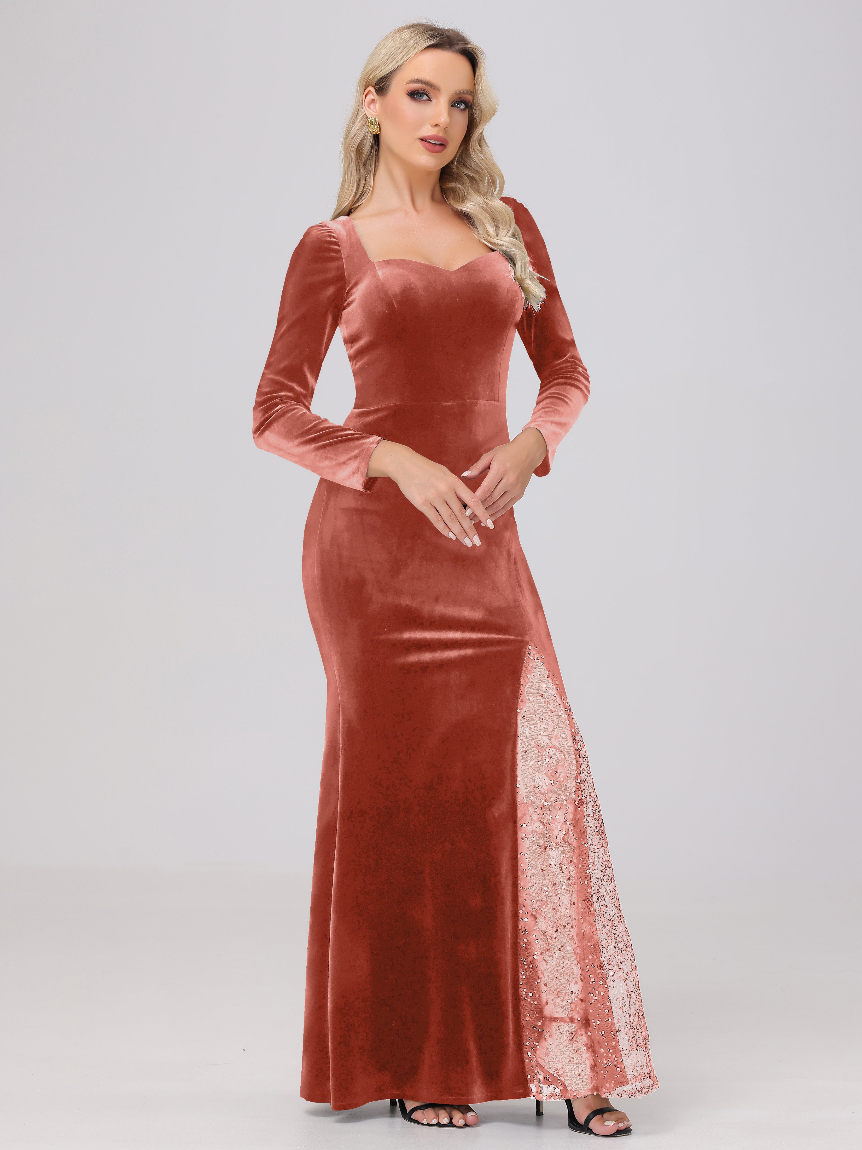 Elegant Sweetheart Long Sleeves Patchwork Sequin Lace Velvet Bridesmaid Dresses