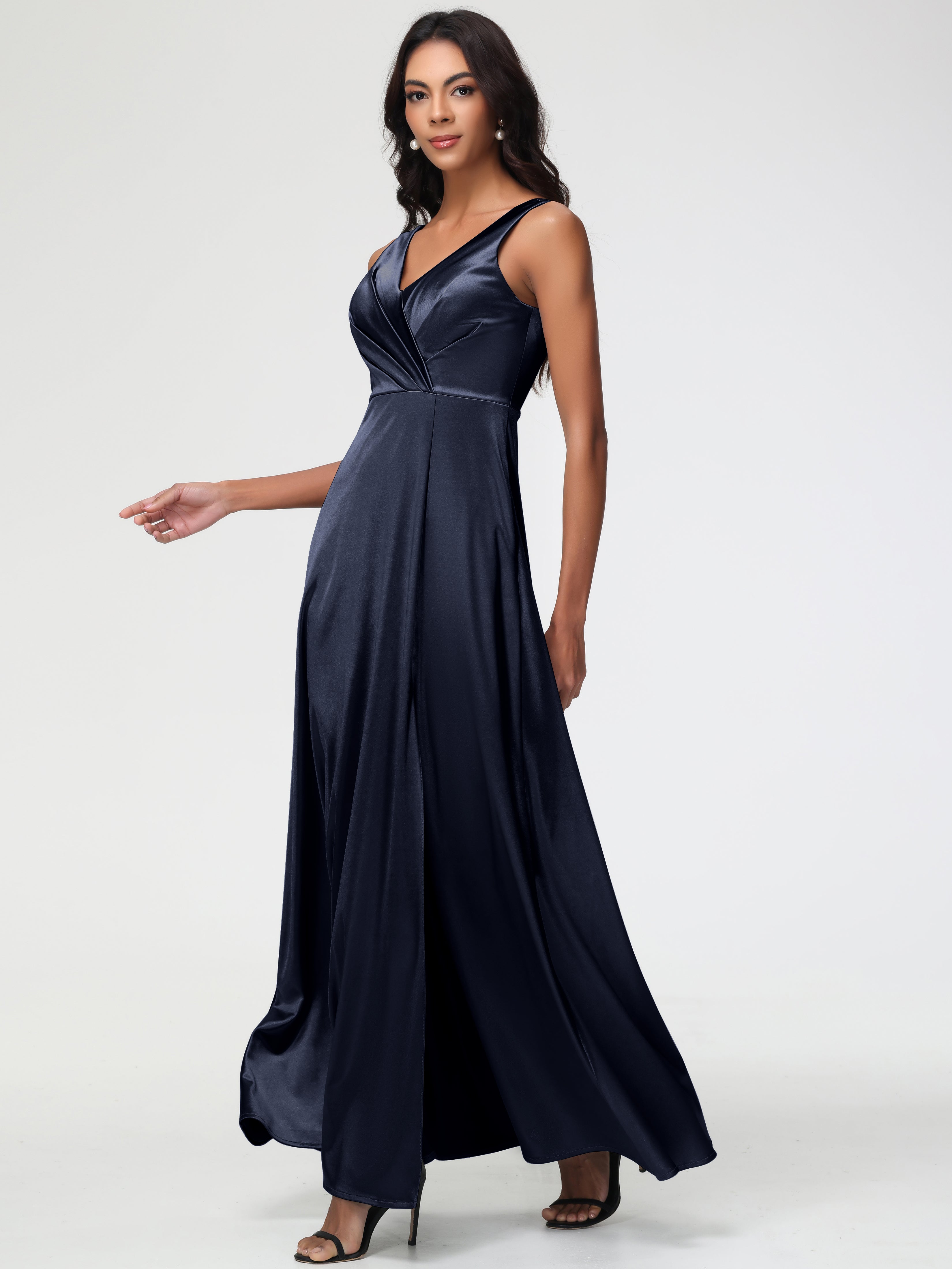 Dark Navy Bridesmaid Dress Sleeveless Stretch Satin V-Neck Floor Length A Line Long Stretch Satin Bridesmaid Dresses