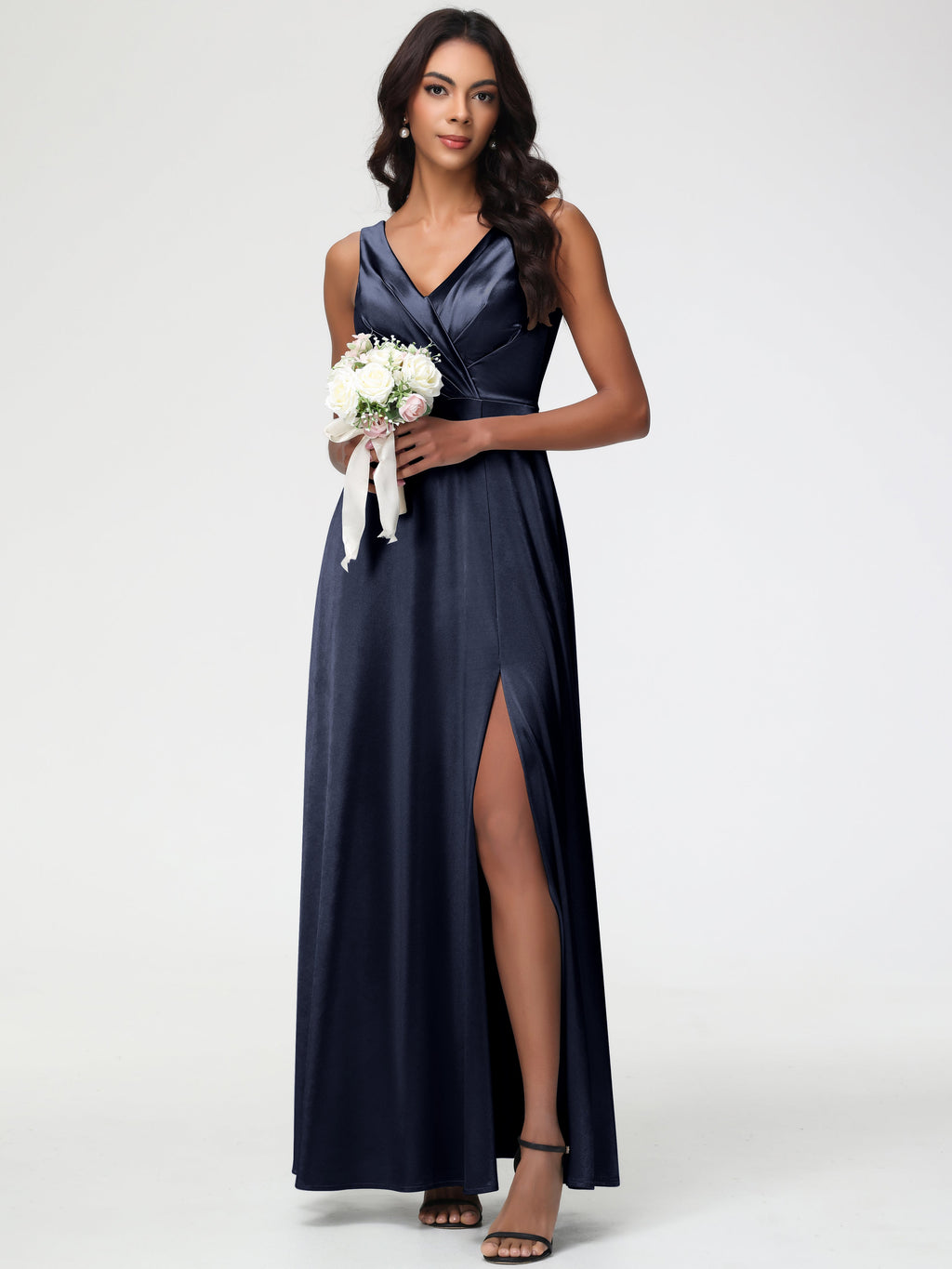 Dark Navy Bridesmaid Dress Sleeveless Stretch Satin V-Neck Floor Length A Line Long Stretch Satin Bridesmaid Dresses