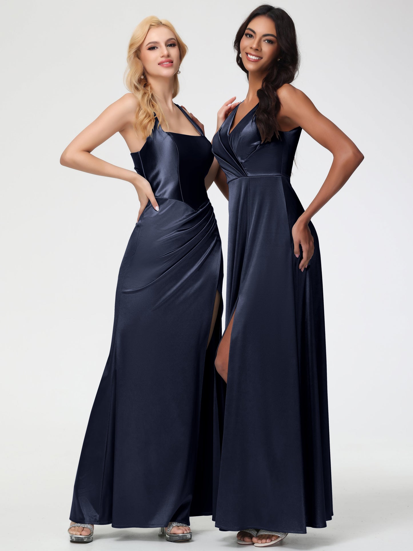 Dark Navy Bridesmaid Dress Sleeveless Stretch Satin V-Neck Floor Length A Line Long Stretch Satin Bridesmaid Dresses