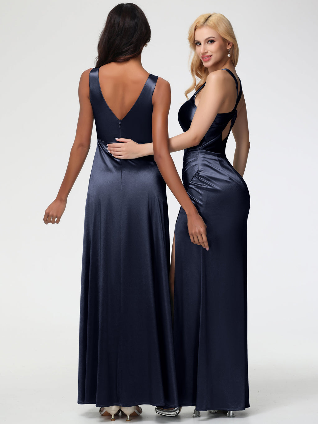 Dark Navy Bridesmaid Dress Sleeveless Stretch Satin V-Neck Floor Length A Line Long Stretch Satin Bridesmaid Dresses