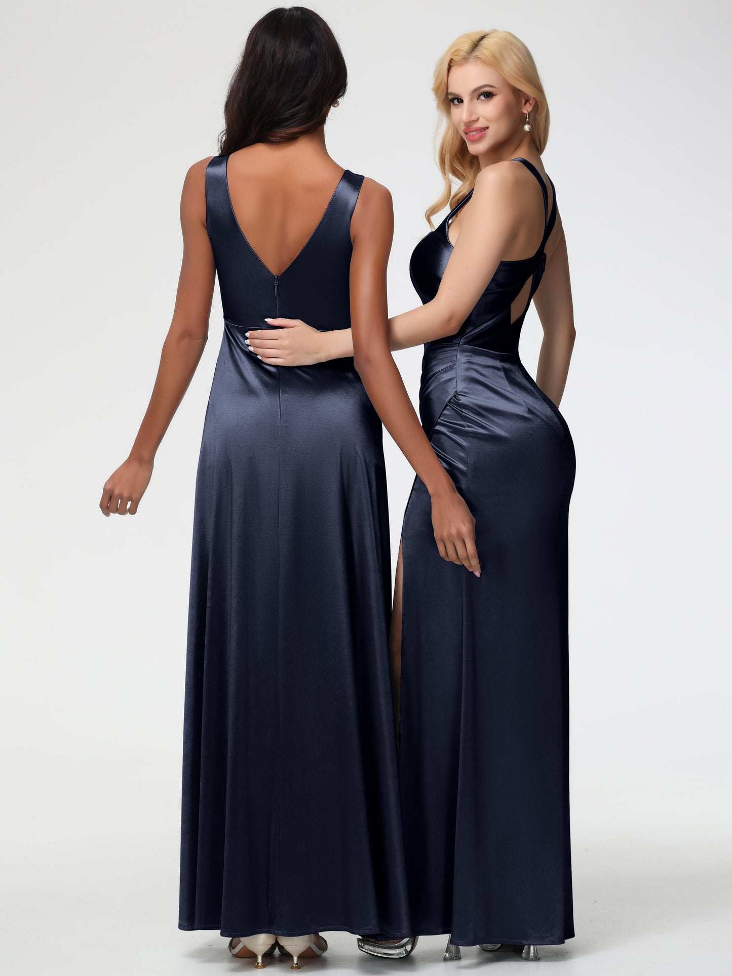 Dark Navy Bridesmaid Dress Sleeveless Stretch Satin V-Neck Floor Length A Line Long Stretch Satin Bridesmaid Dresses