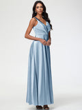 Dusty Blue Bridesmaid Dresses Sleeveless Stretch Satin V-Neck Floor Length A Line Long Stretch Satin Bridesmaid Dresses