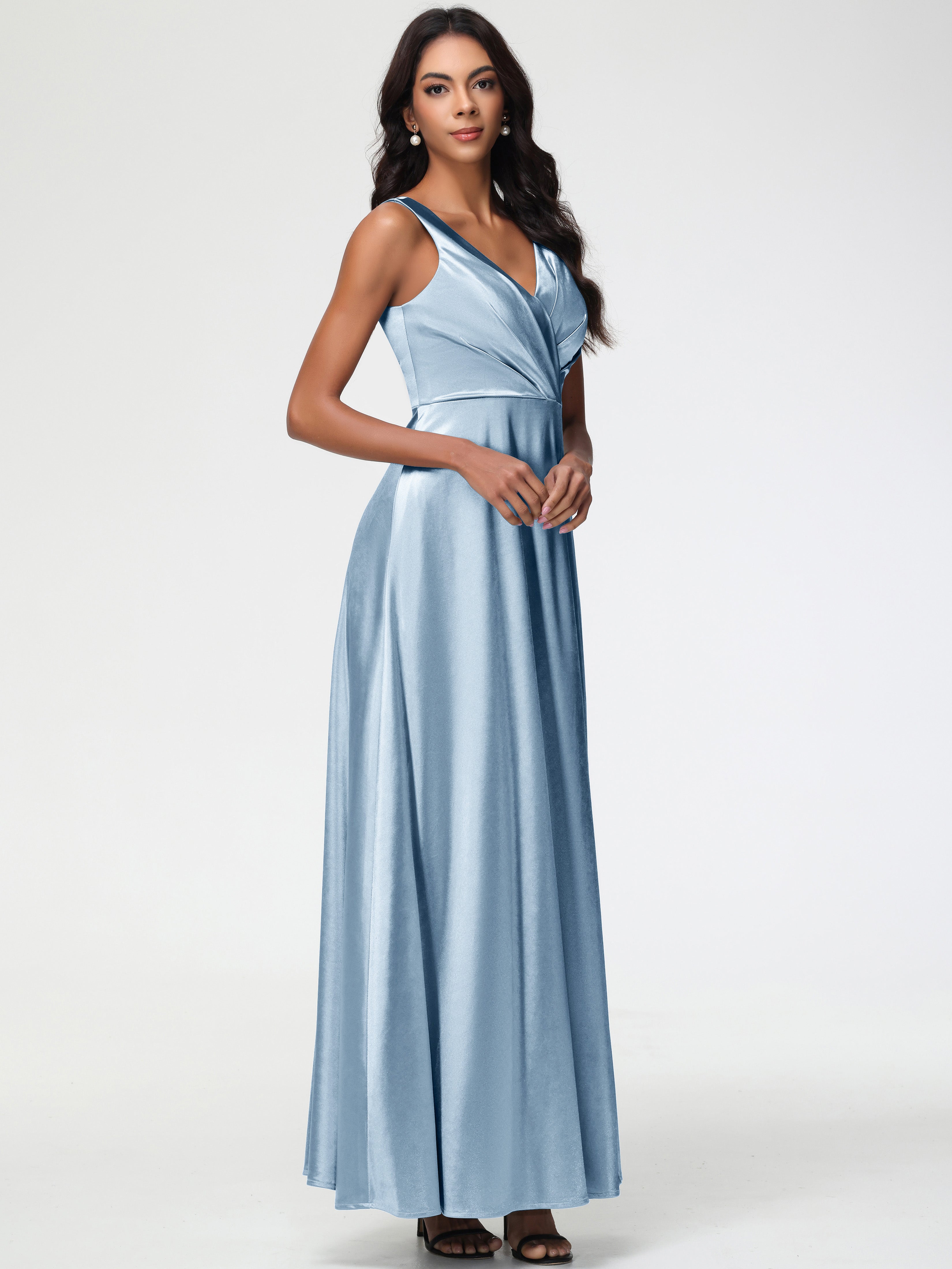 Dusty Blue Bridesmaid Dresses Sleeveless Stretch Satin V-Neck Floor Length A Line Long Stretch Satin Bridesmaid Dresses