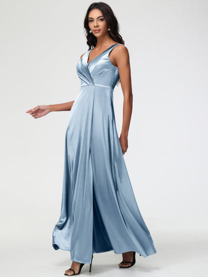 Dusty Blue Bridesmaid Dresses Sleeveless Stretch Satin V-Neck Floor Length A Line Long Stretch Satin Bridesmaid Dresses