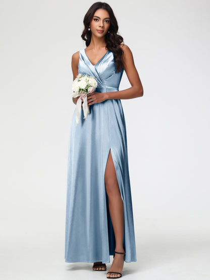 Dusty Blue Bridesmaid Dresses Sleeveless Stretch Satin V-Neck Floor Length A Line Long Stretch Satin Bridesmaid Dresses