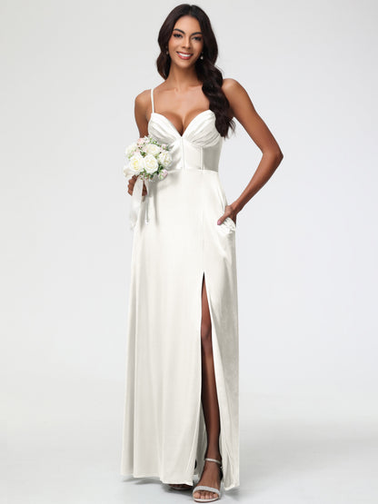 Bridesmaid Dresses Ivory Simple Spaghetti Straps Elegant V-Neck Floor Length Stretch Satin Bridesmaid Dress With Slit