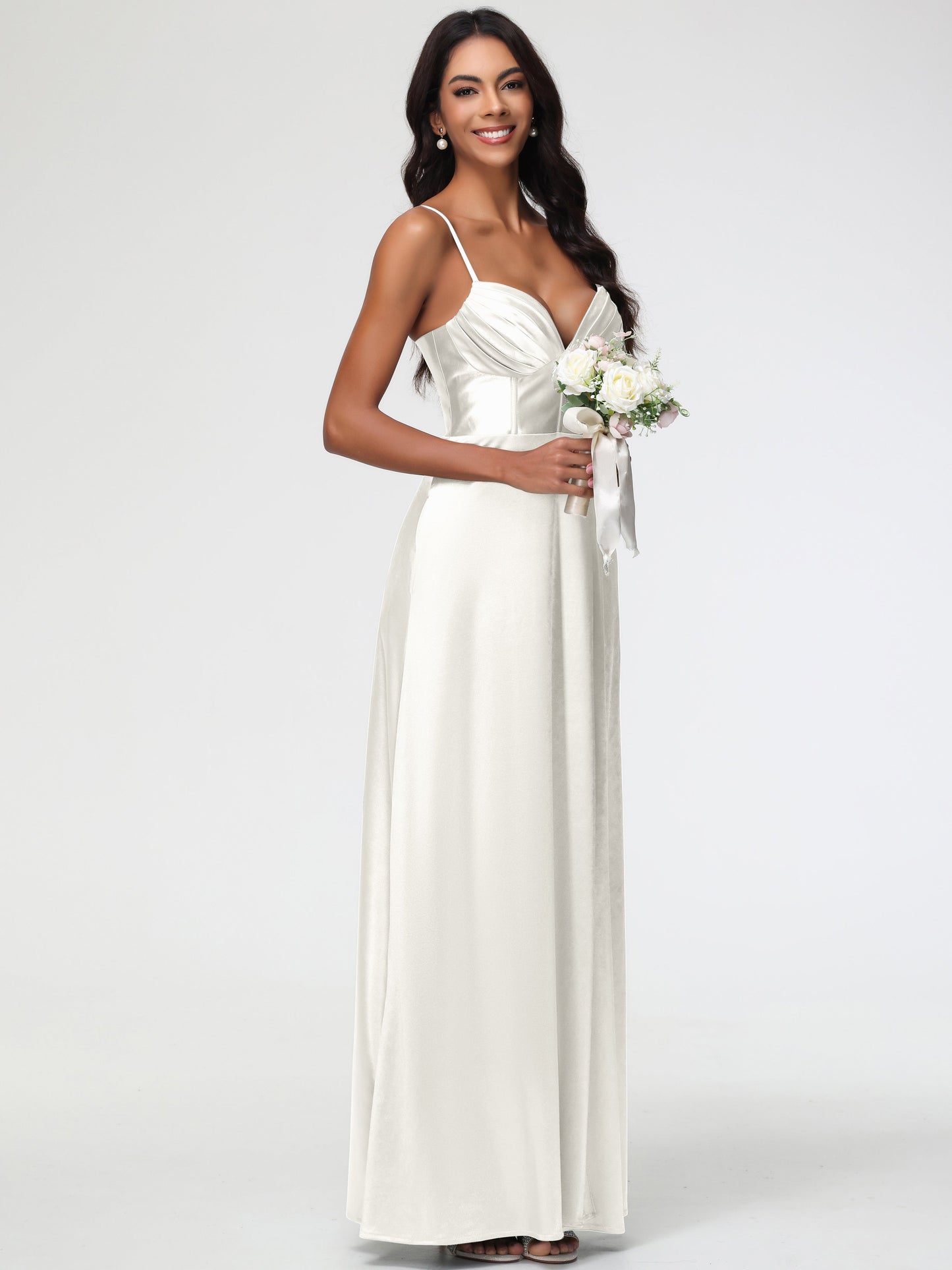Bridesmaid Dresses Ivory Simple Spaghetti Straps Elegant V-Neck Floor Length Stretch Satin Bridesmaid Dress With Slit