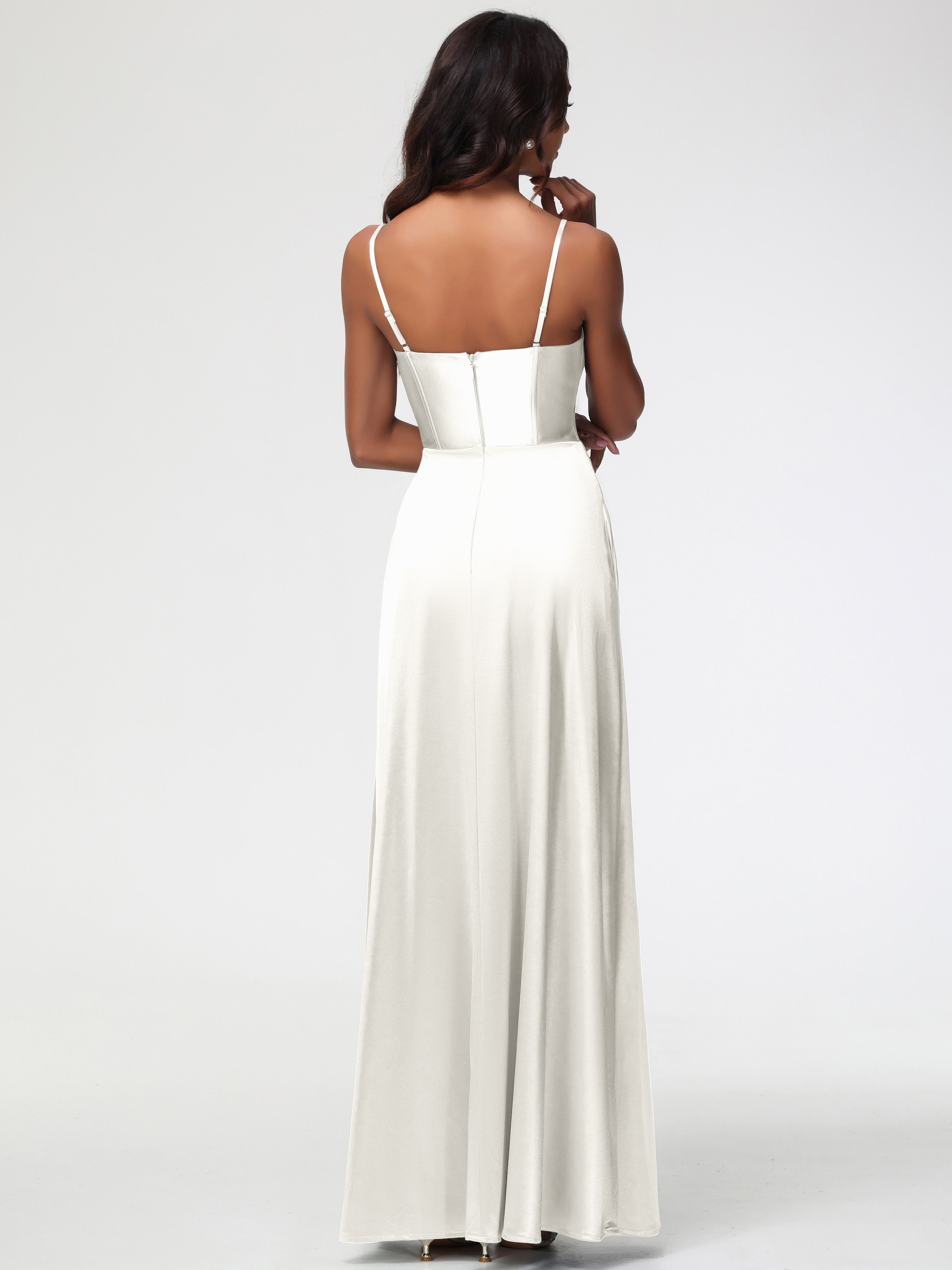 Bridesmaid Dresses Ivory Simple Spaghetti Straps Elegant V-Neck Floor Length Stretch Satin Bridesmaid Dress With Slit