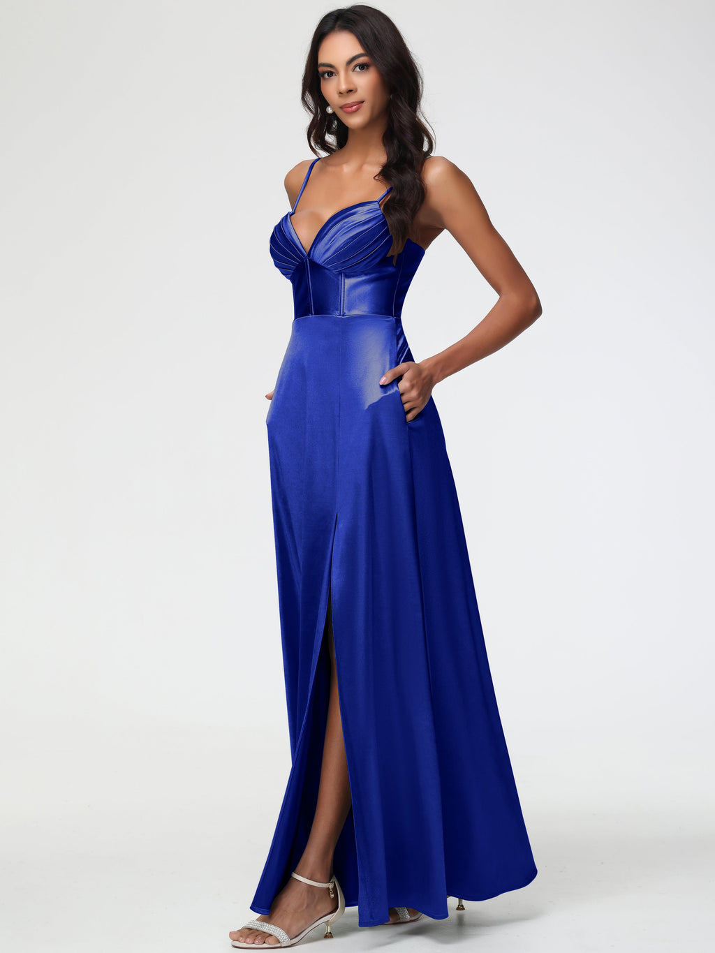 Royal Blue Infinity Dress Bridesmaid Simple Spaghetti Straps Elegant V-Neck Floor Length Stretch Satin Bridesmaid Dress With Slit