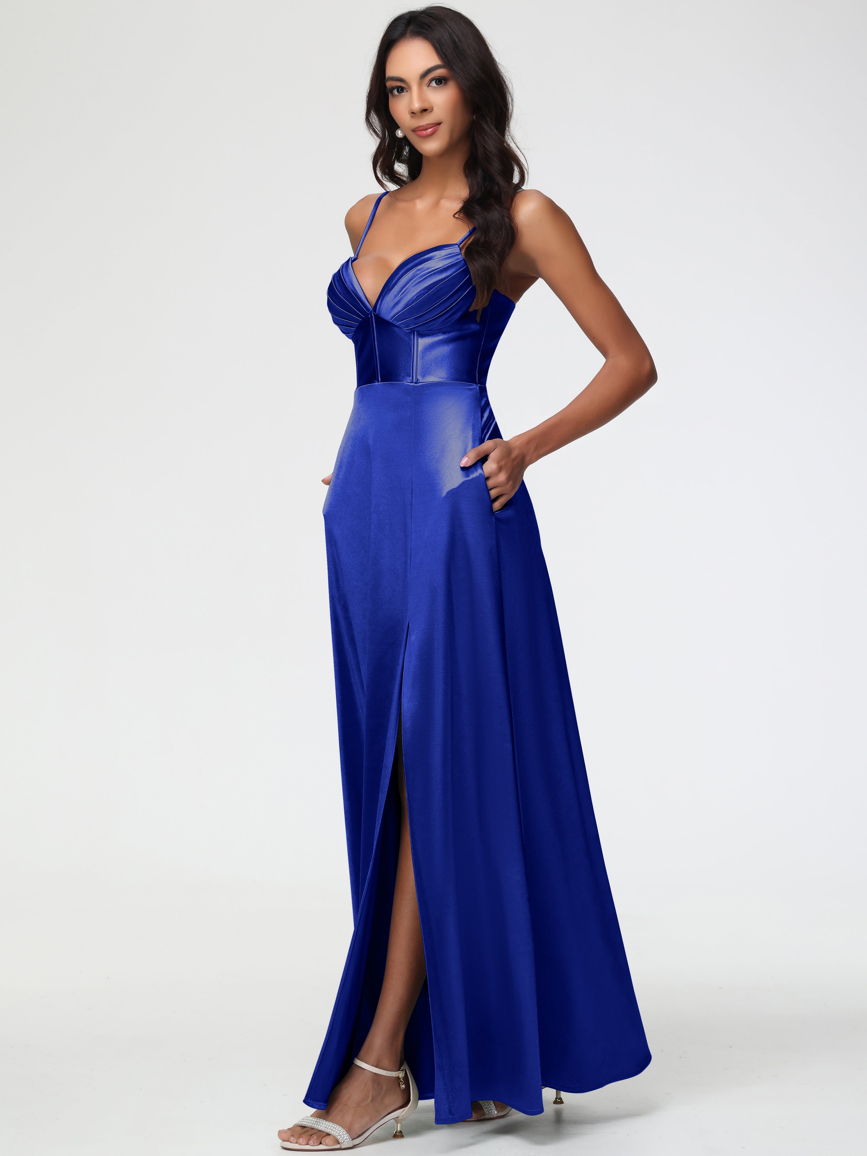 Royal Blue Infinity Dress Bridesmaid Simple Spaghetti Straps Elegant V-Neck Floor Length Stretch Satin Bridesmaid Dress With Slit