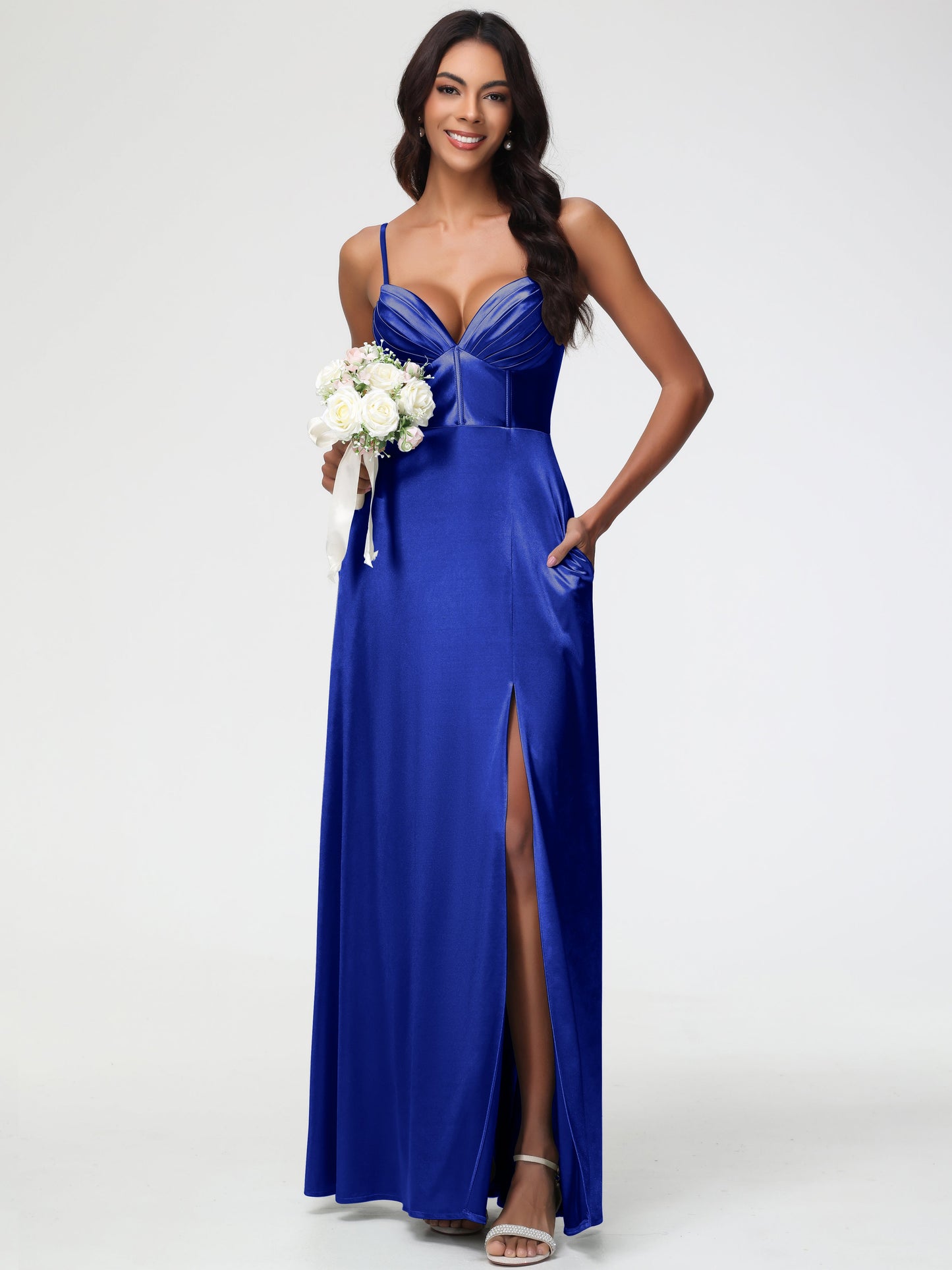 Royal Blue Infinity Dress Bridesmaid Simple Spaghetti Straps Elegant V-Neck Floor Length Stretch Satin Bridesmaid Dress With Slit