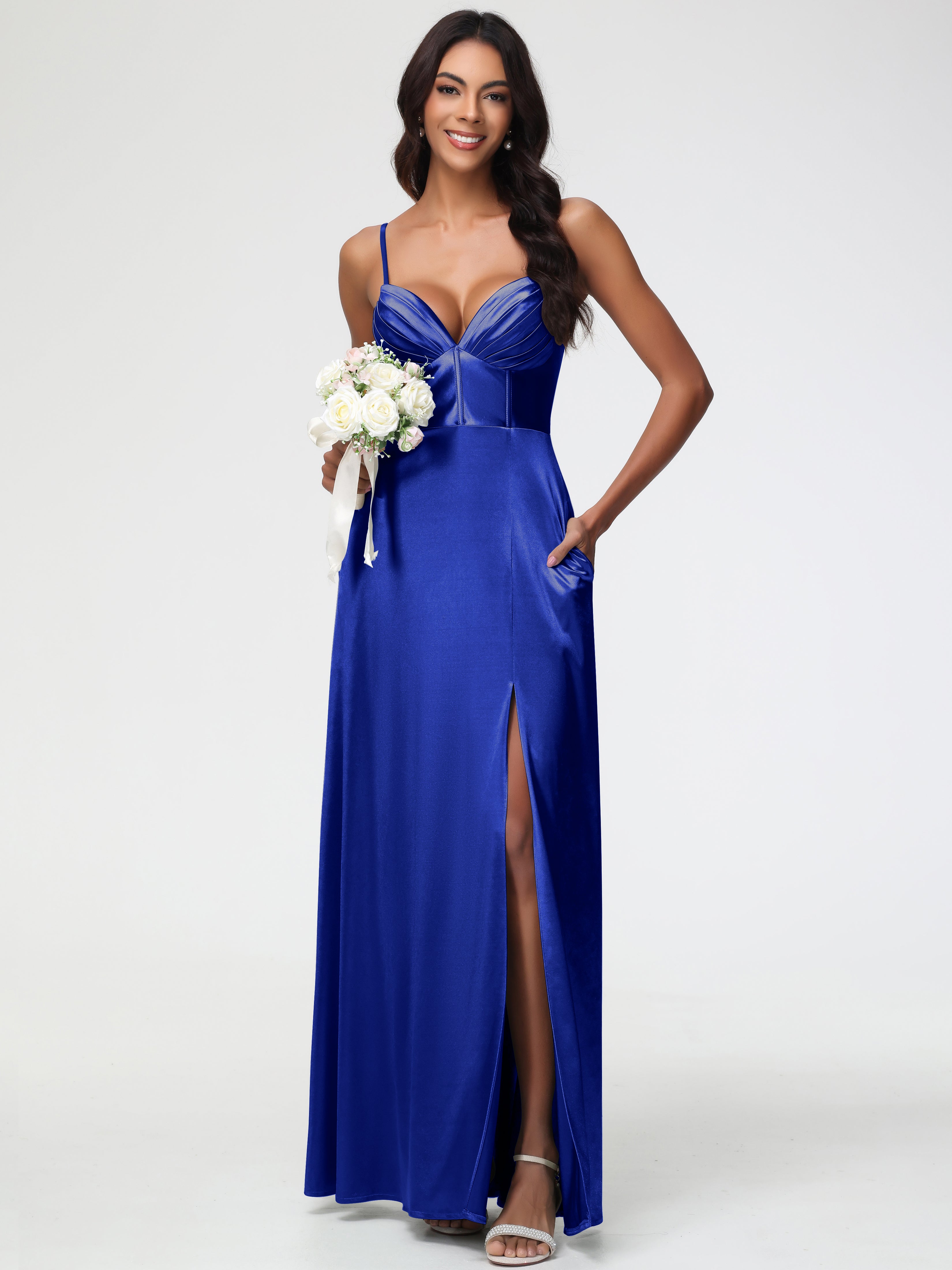 Royal Blue Infinity Dress Bridesmaid Simple Spaghetti Straps Elegant V-Neck Floor Length Stretch Satin Bridesmaid Dress With Slit