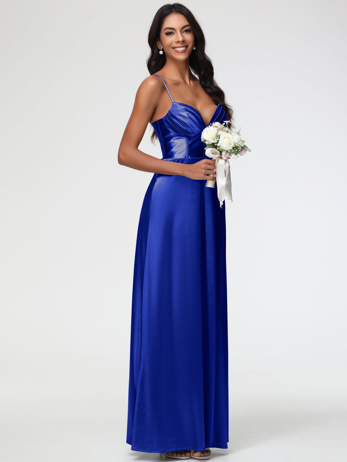 Royal Blue Infinity Dress Bridesmaid Simple Spaghetti Straps Elegant V-Neck Floor Length Stretch Satin Bridesmaid Dress With Slit