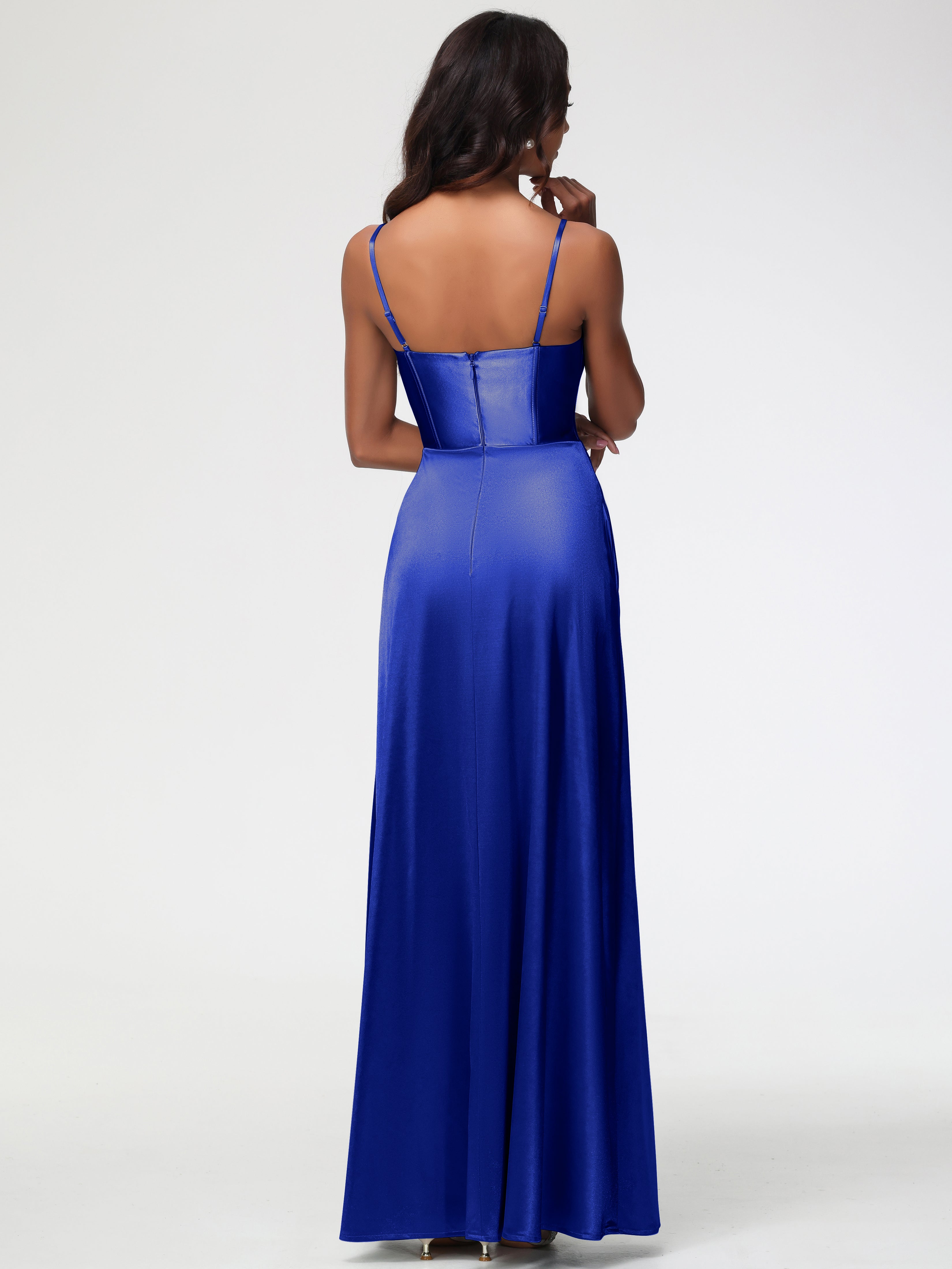 Royal Blue Infinity Dress Bridesmaid Simple Spaghetti Straps Elegant V-Neck Floor Length Stretch Satin Bridesmaid Dress With Slit