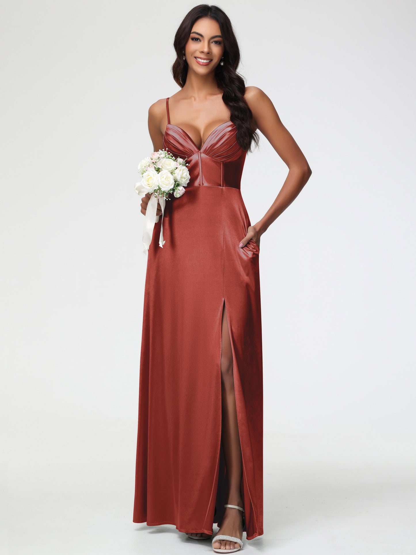Rust Color Dress Bridesmaid Simple Spaghetti Straps Elegant V-Neck Floor Length Stretch Satin Bridesmaid Dress With Slit