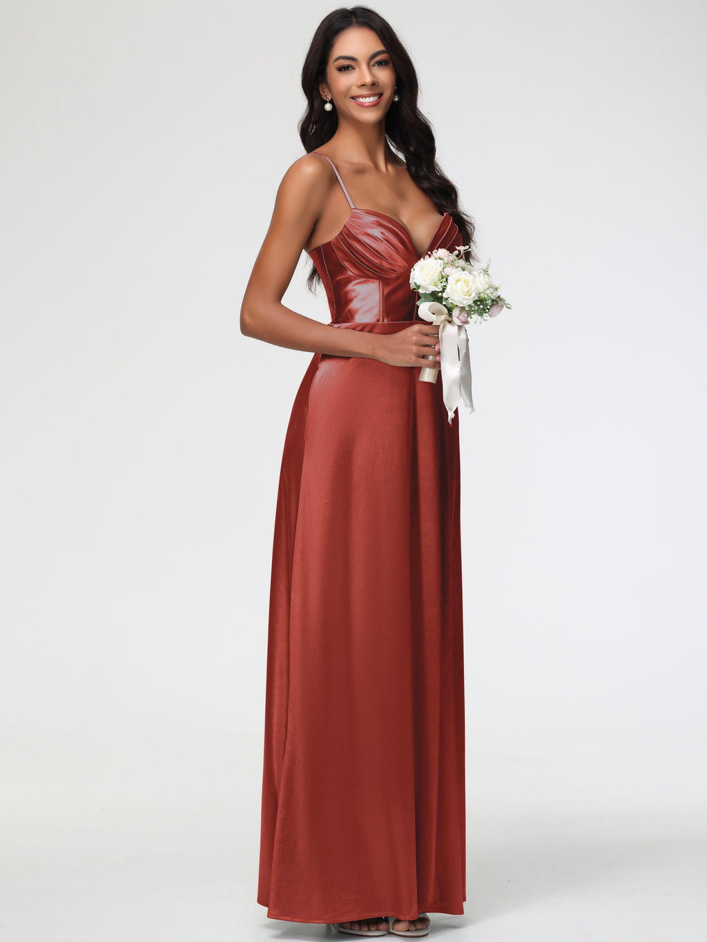 Rust Color Dress Bridesmaid Simple Spaghetti Straps Elegant V-Neck Floor Length Stretch Satin Bridesmaid Dress With Slit