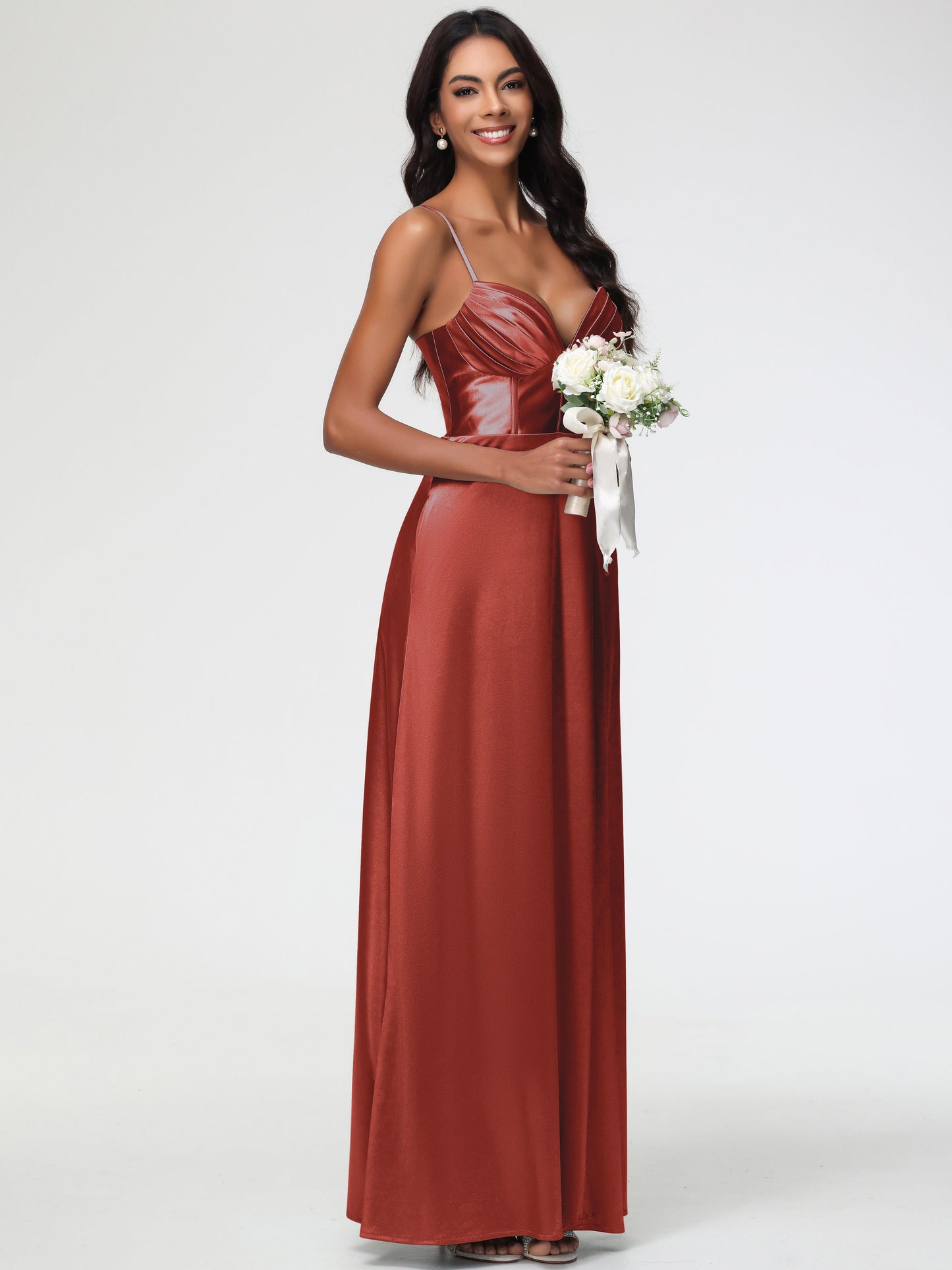 Rust Color Dress Bridesmaid Simple Spaghetti Straps Elegant V-Neck Floor Length Stretch Satin Bridesmaid Dress With Slit