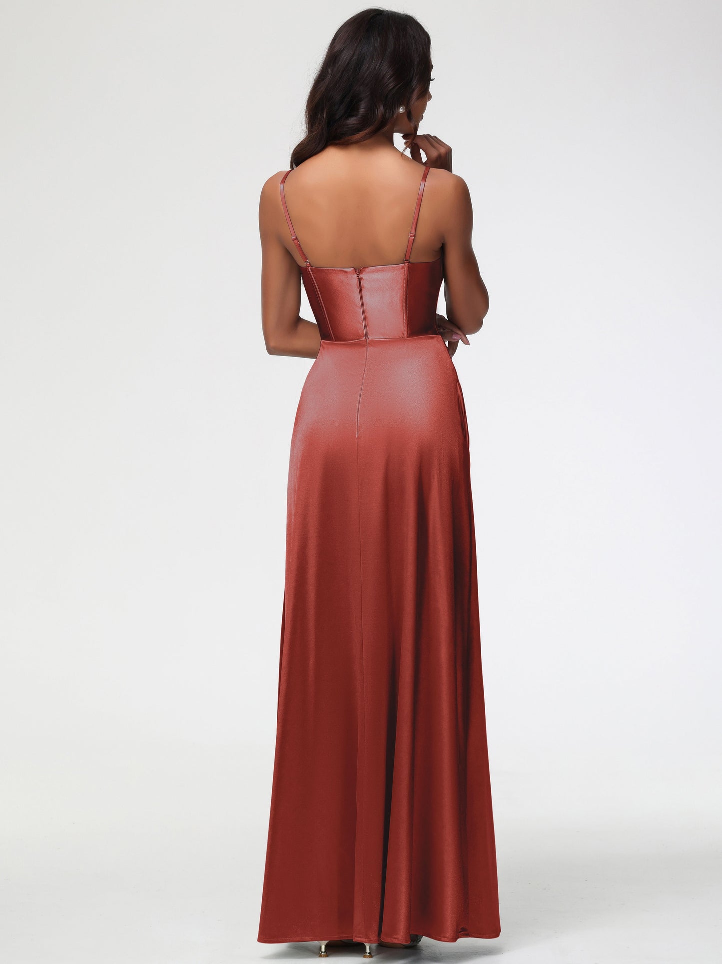 Rust Color Dress Bridesmaid Simple Spaghetti Straps Elegant V-Neck Floor Length Stretch Satin Bridesmaid Dress With Slit