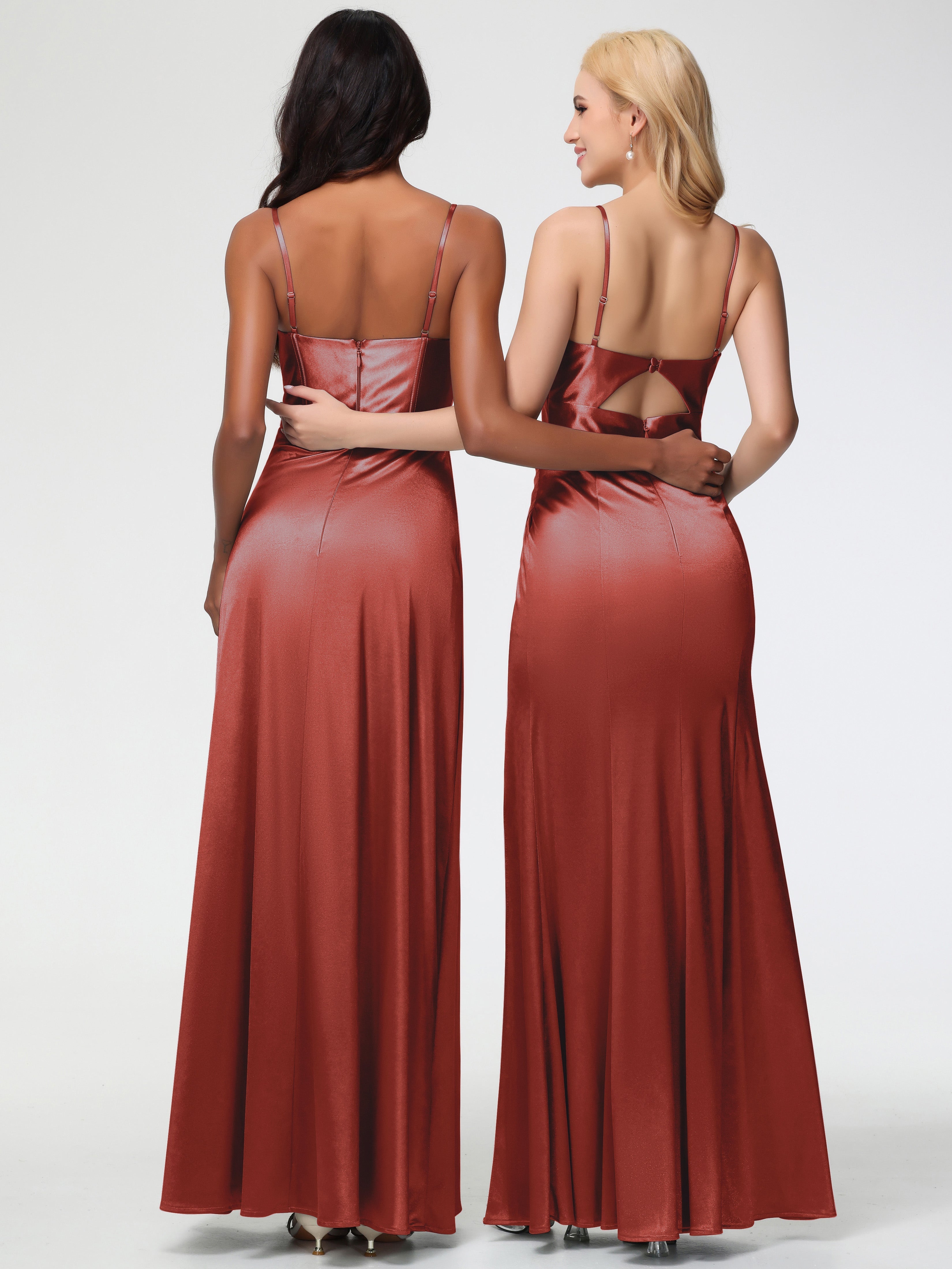 Rust Color Dress Bridesmaid Simple Spaghetti Straps Elegant V-Neck Floor Length Stretch Satin Bridesmaid Dress With Slit