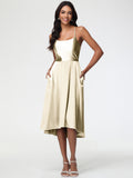 Champagne A Line Bridesmaid Dress Minimalist A Line Spaghetti Straps Sleeveless Stretch Satin Bridesmaid Dress