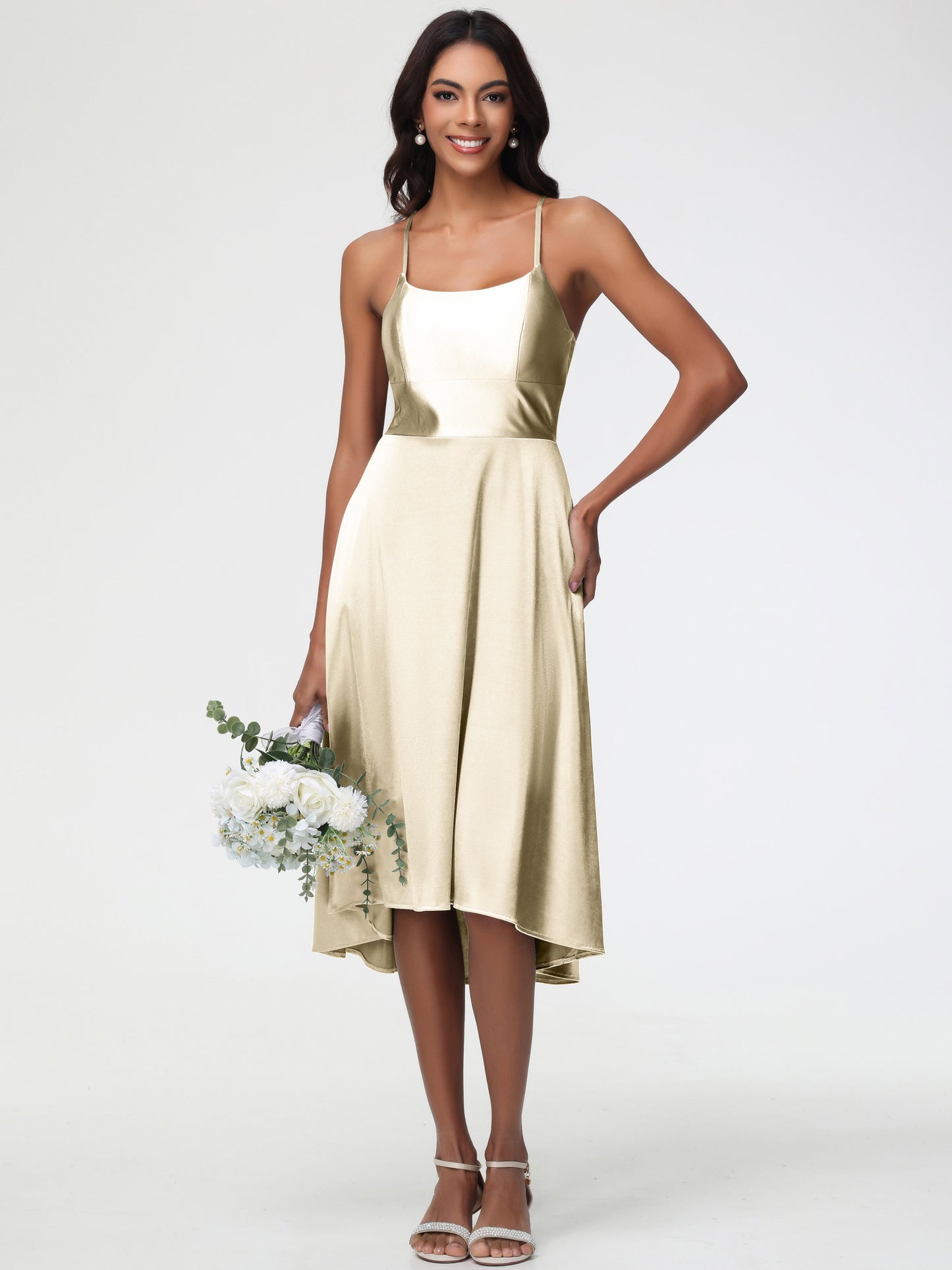 Champagne A Line Bridesmaid Dress Minimalist A Line Spaghetti Straps Sleeveless Stretch Satin Bridesmaid Dress