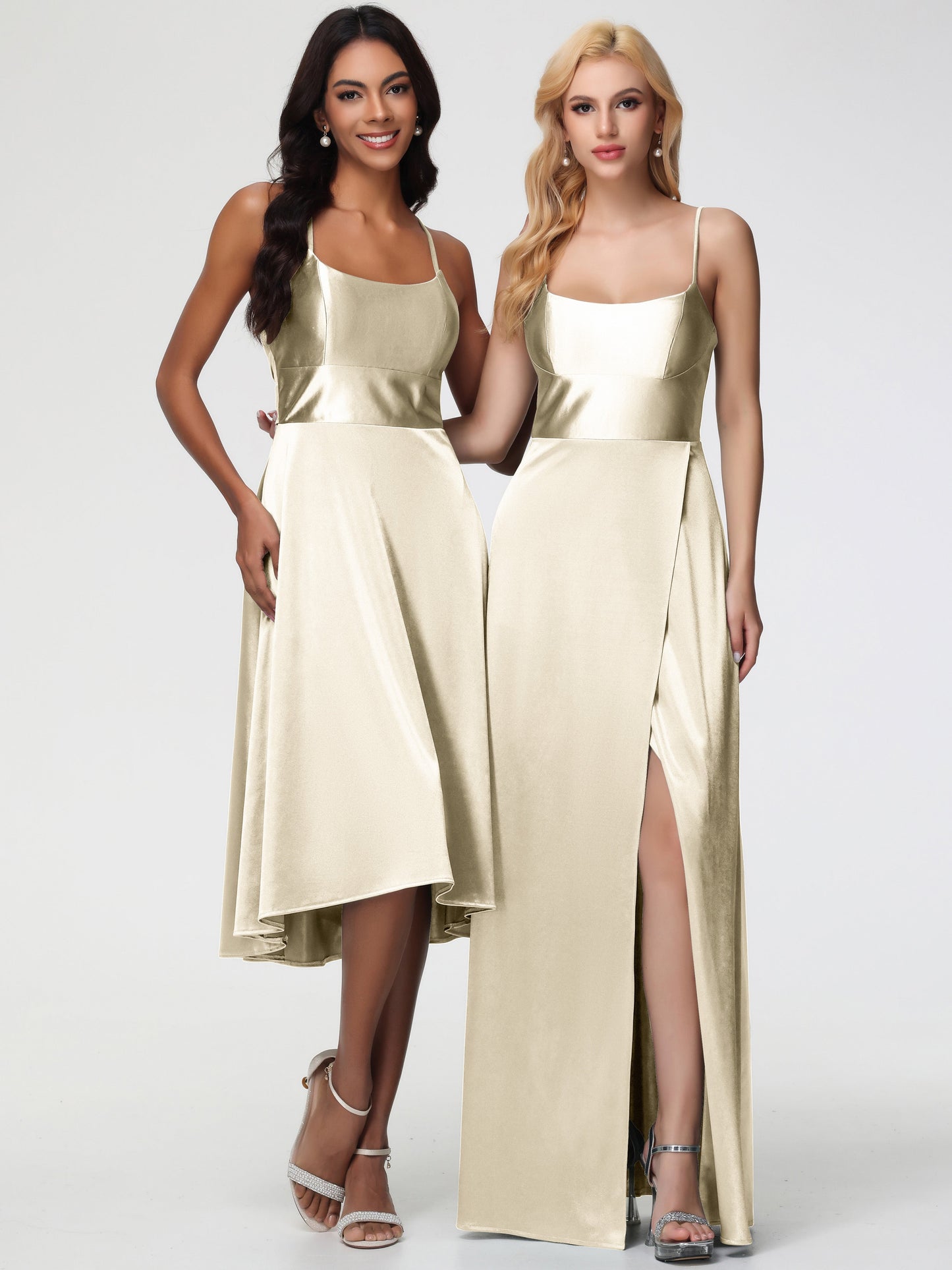 Champagne A Line Bridesmaid Dress Minimalist A Line Spaghetti Straps Sleeveless Stretch Satin Bridesmaid Dress