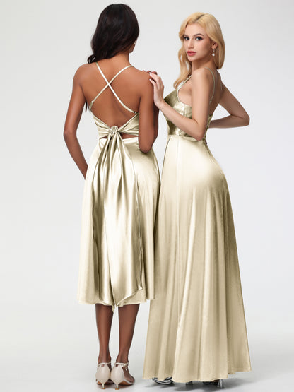 Champagne A Line Bridesmaid Dress Minimalist A Line Spaghetti Straps Sleeveless Stretch Satin Bridesmaid Dress