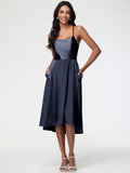 Dark Navy Bridesmaid Dresses Minimalist A Line Spaghetti Straps Sleeveless Stretch Satin Bridesmaid Dress