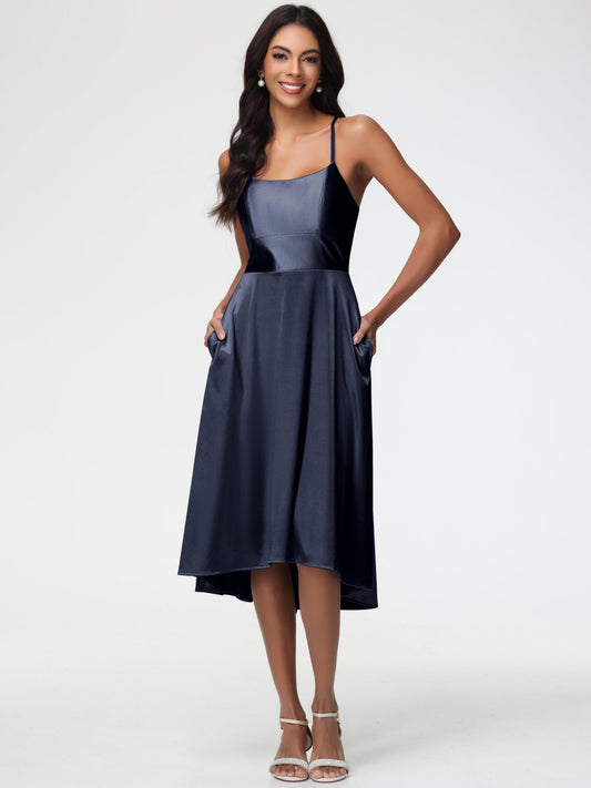 Dark Navy Bridesmaid Dresses Minimalist A Line Spaghetti Straps Sleeveless Stretch Satin Bridesmaid Dress