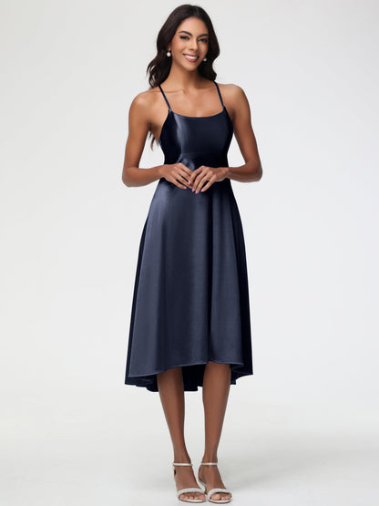 Dark Navy Bridesmaid Dresses Minimalist A Line Spaghetti Straps Sleeveless Stretch Satin Bridesmaid Dress