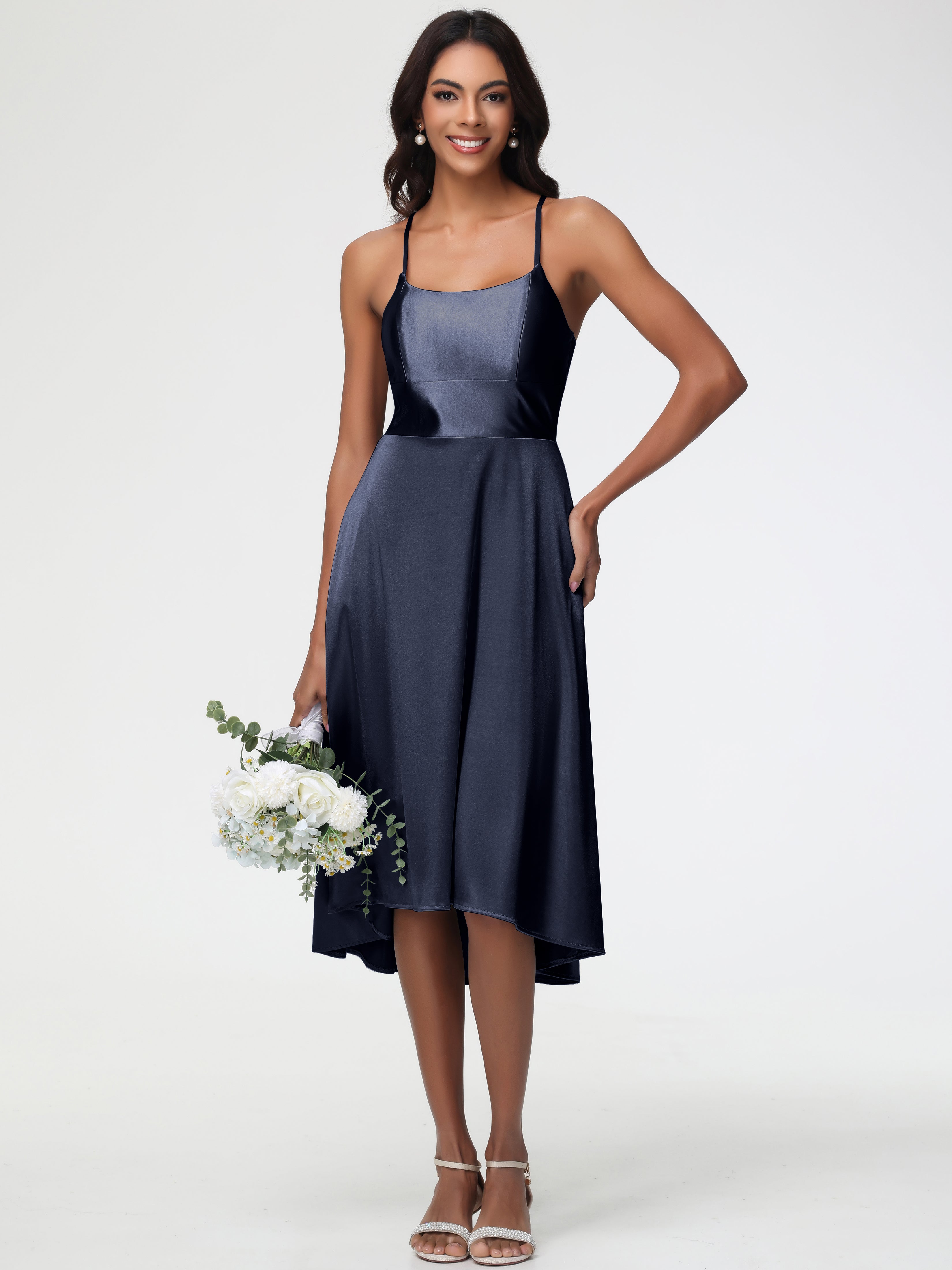 Dark Navy Bridesmaid Dresses Minimalist A Line Spaghetti Straps Sleeveless Stretch Satin Bridesmaid Dress