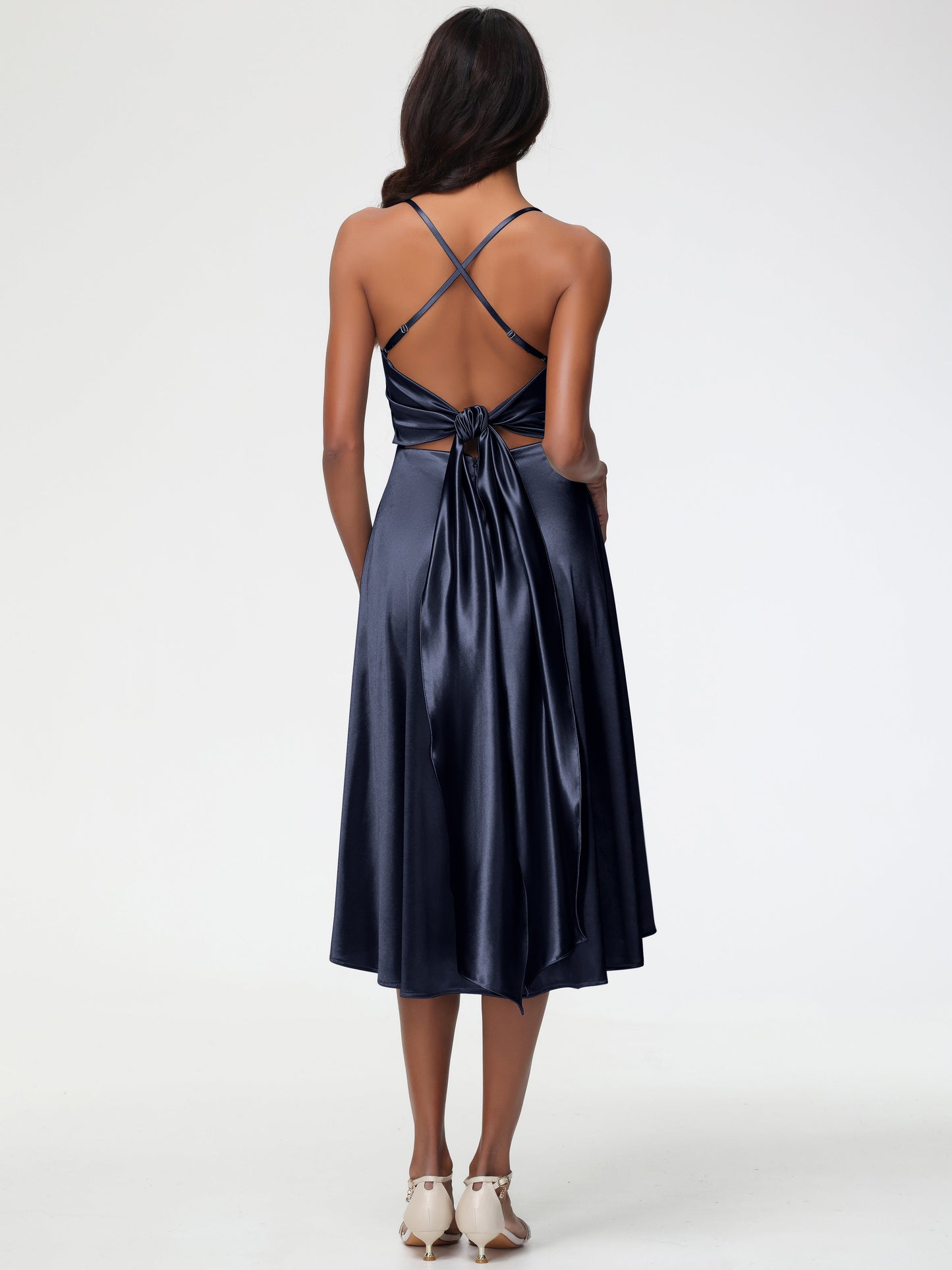Dark Navy Bridesmaid Dresses Minimalist A Line Spaghetti Straps Sleeveless Stretch Satin Bridesmaid Dress